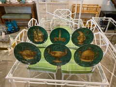 Vintage 1955 Piero Fornasetti Set of 6 Malachite Green & Gold Plates