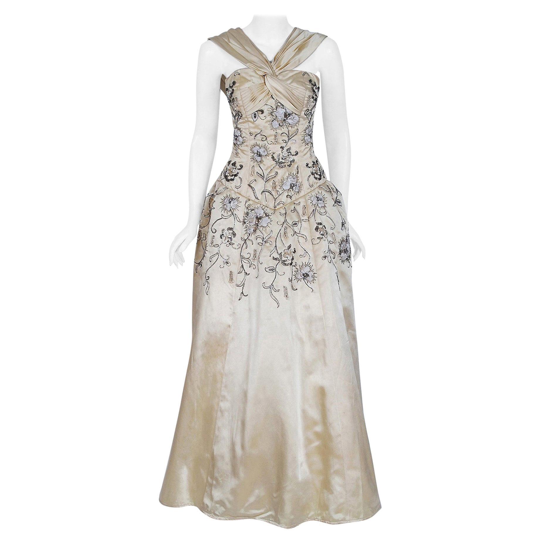 Vintage 1950's Pierre Balmain Couture Creme Beaded Embroidered Silk Bridal Gown