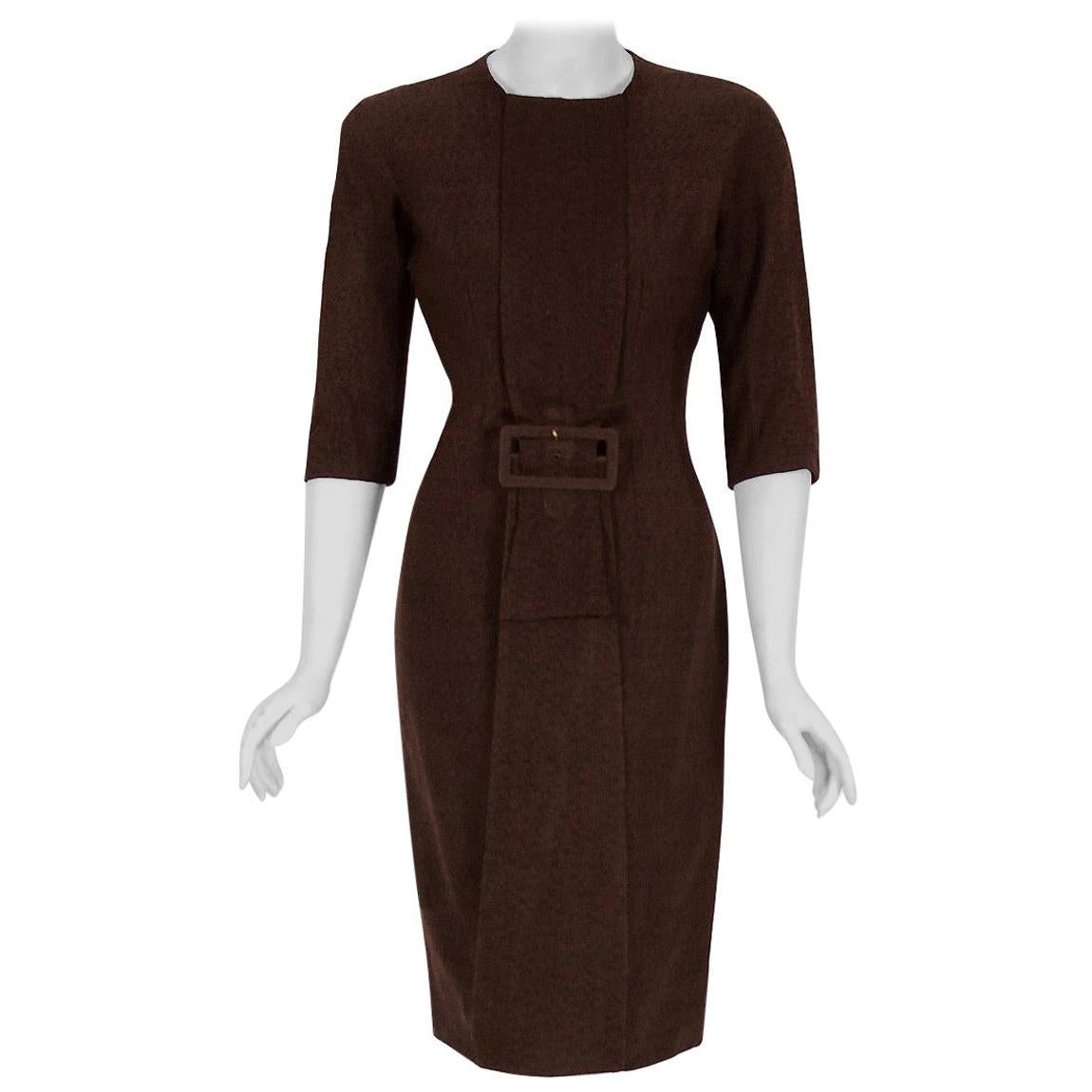 Vintage 1955 Sorelle Fontana Couture Brown Wool Sculpted Buckle Wiggle Dress