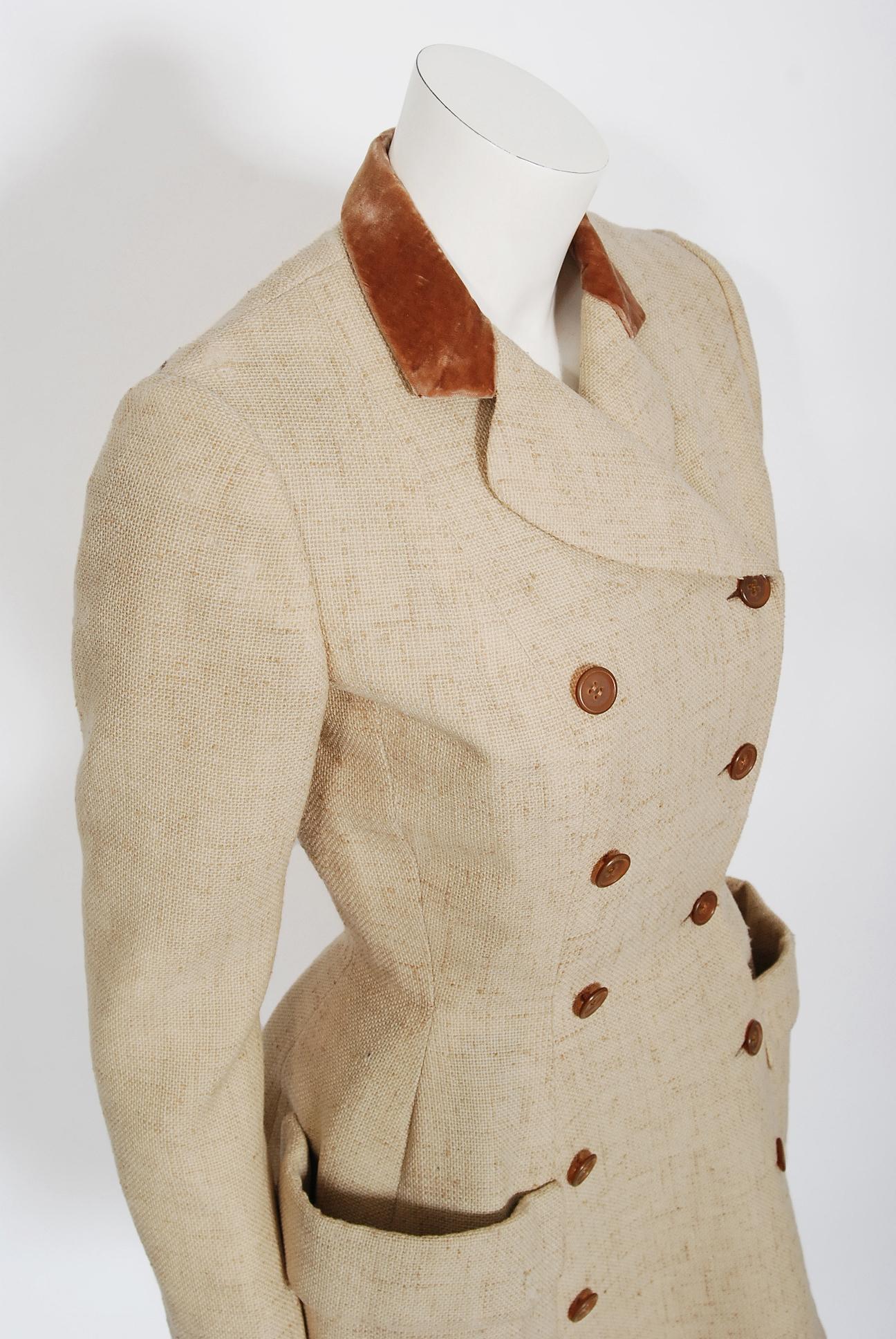 Women's Vintage 1955 Traina-Norell Beige Wool Tweed Double Breasted Fitted Blazer Jacket