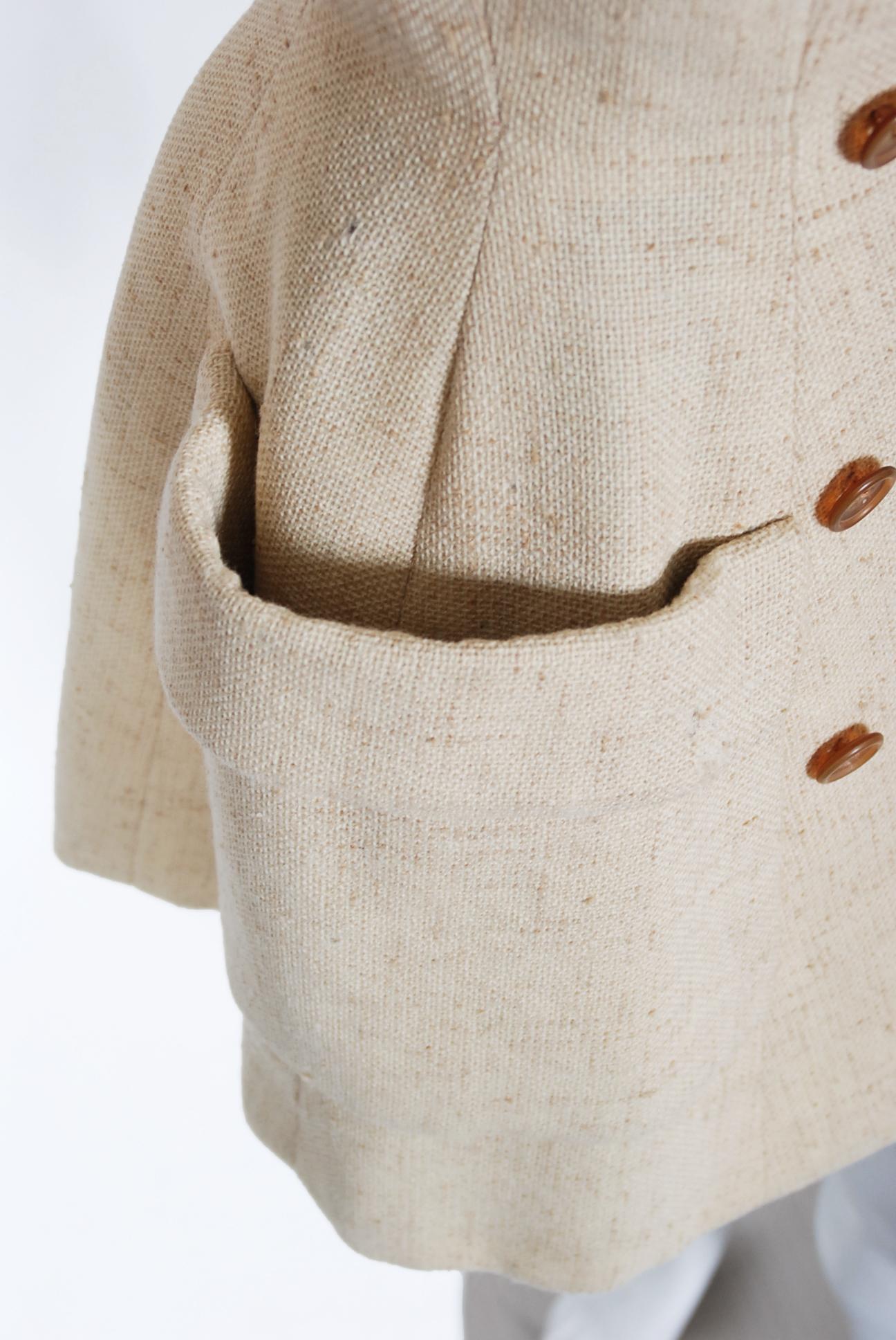 Vintage 1955 Traina-Norell Beige Wool Tweed Double Breasted Fitted Blazer Jacket 3