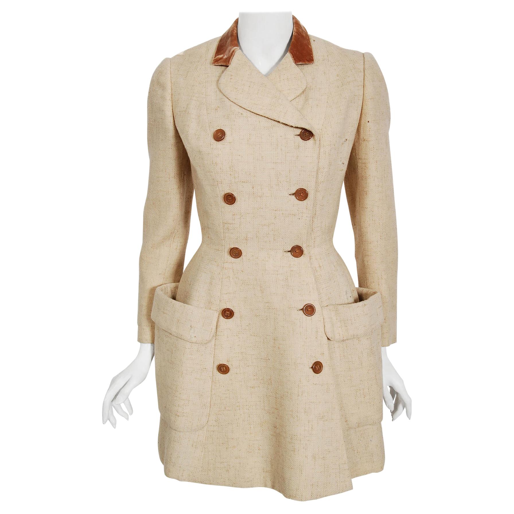 Vintage 1955 Traina-Norell Beige Wool Tweed Double Breasted Fitted Blazer Jacket