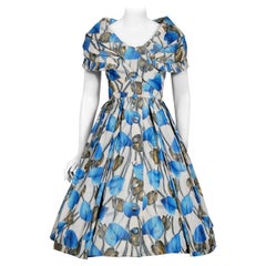 Vintage 1956 Christian Dior Couture Blue Floral Silk Portrait Collar Full Dress