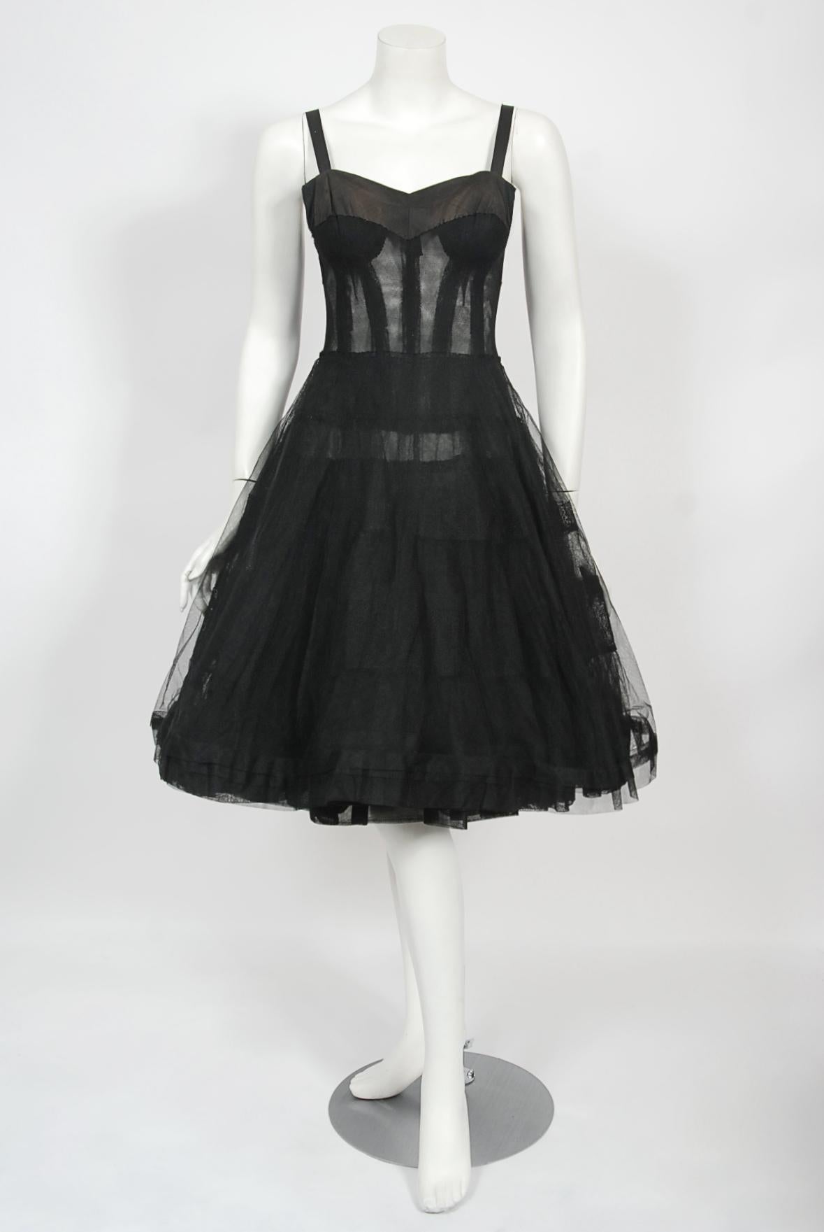 Vintage 1956 Christian Dior Haute Couture Documented Black Silk 'New Look' Dress 6