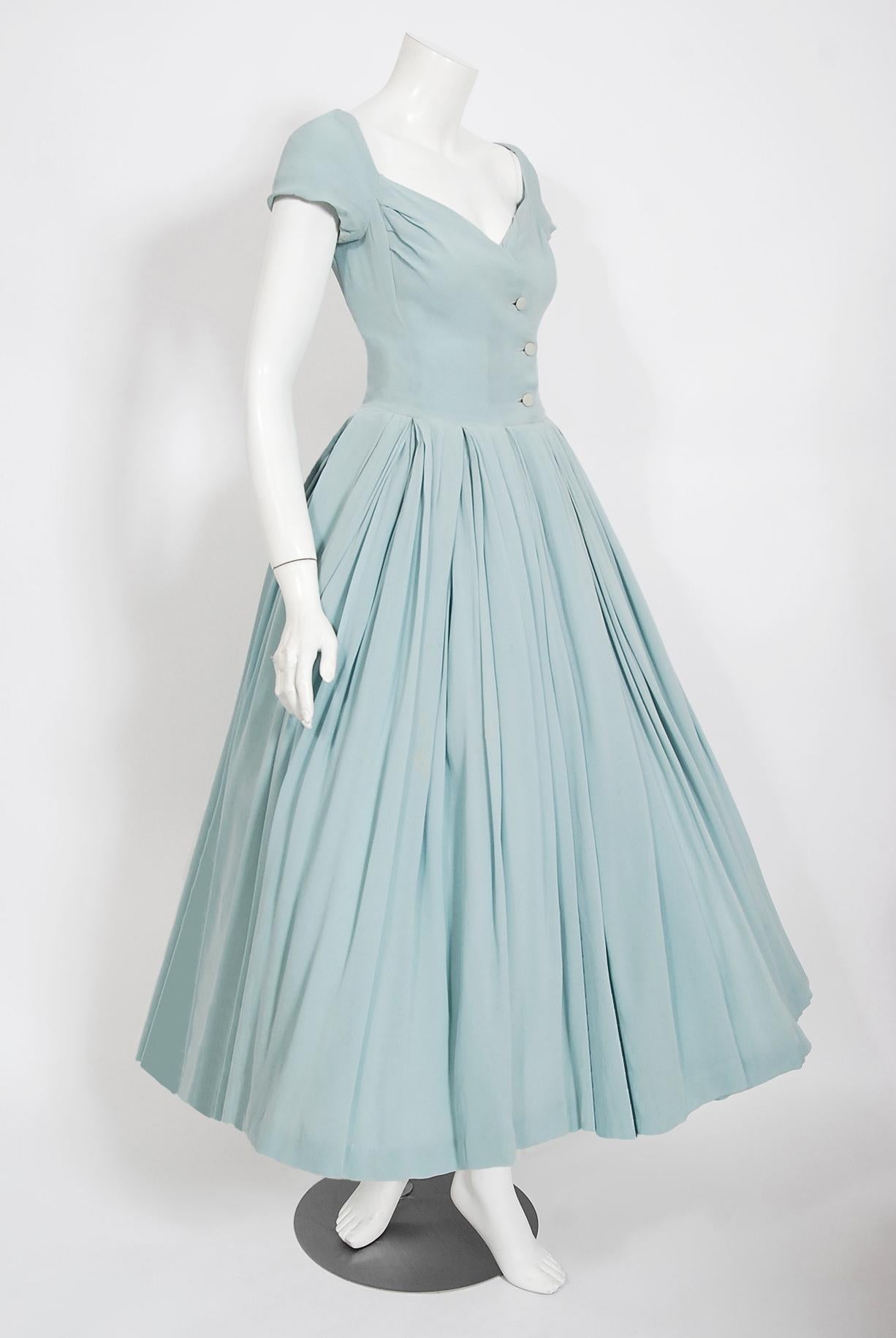 Bleu Vintage 1956 Christian Dior Lifetime Baby Blue Silk Cap-Sleeve Plunge Dress