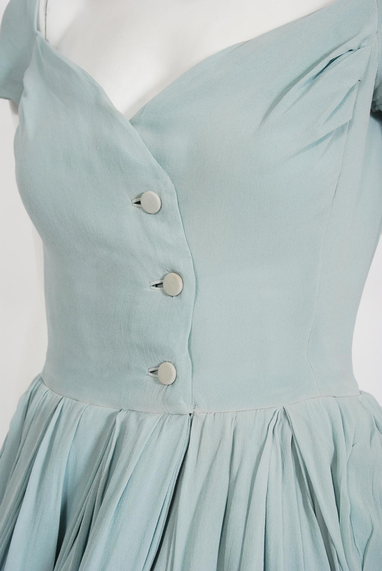Vintage 1956 Christian Dior Lifetime Baby Blue Silk Cap-Sleeve Plunge Dress  In Good Condition In Beverly Hills, CA