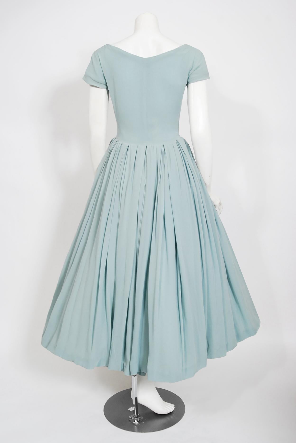 Women's Vintage 1956 Christian Dior Lifetime Baby Blue Silk Cap-Sleeve Plunge Dress 