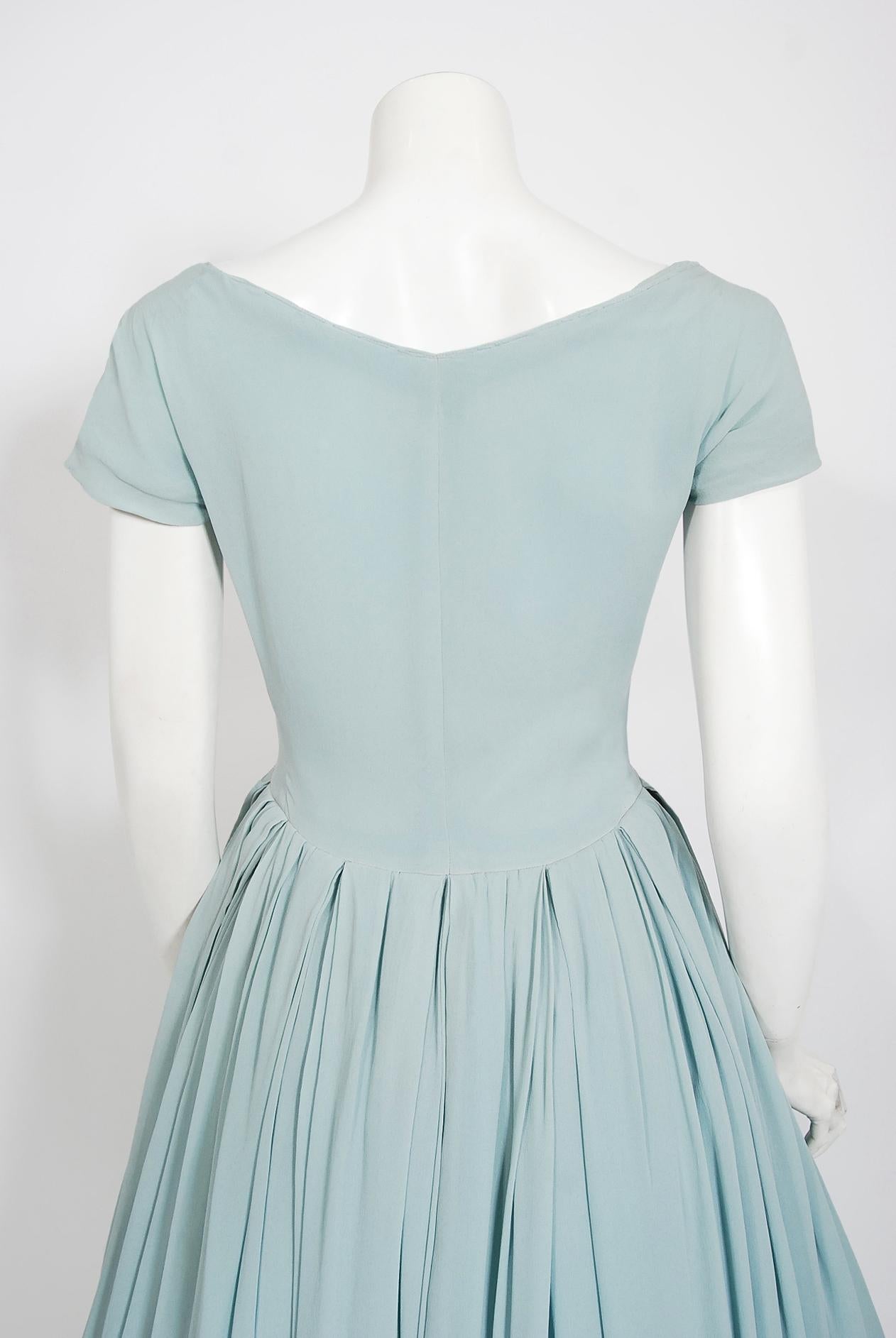 Vintage 1956 Christian Dior Lifetime Baby Blue Silk Cap-Sleeve Plunge Dress  1