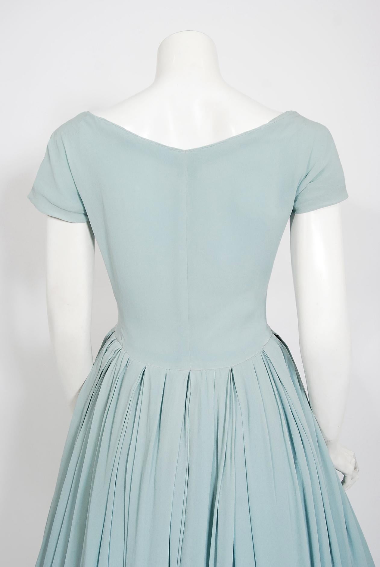 Vintage 1956 Christian Dior Lifetime Baby Blue Silk Cap-Sleeve Plunge Dress 1