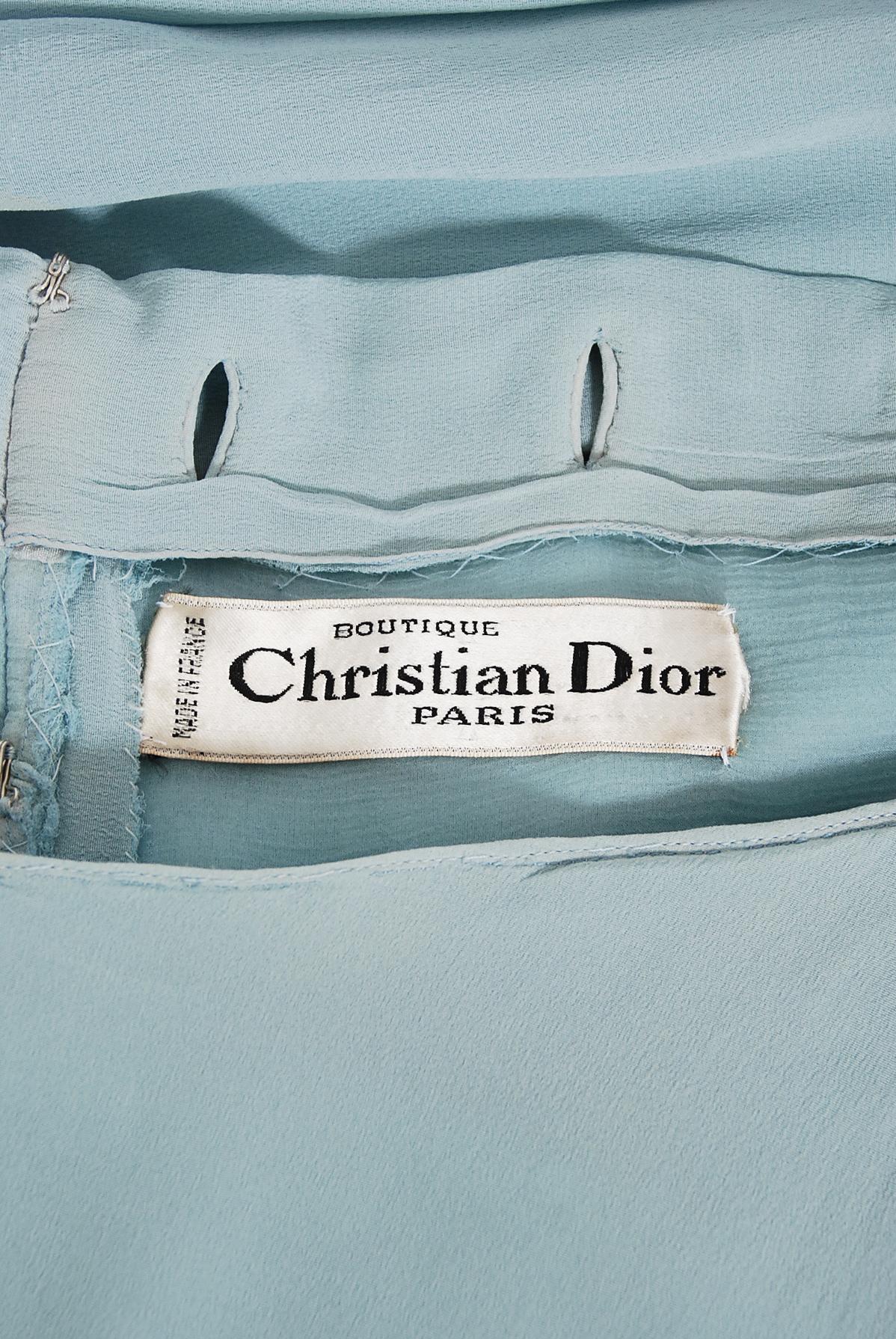Vintage 1956 Christian Dior Lifetime Baby Blue Silk Cap-Sleeve Plunge Dress 2