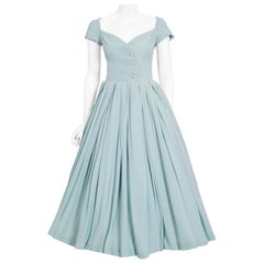 Vintage 1956 Christian Dior Lifetime Baby Blue Silk Cap-Sleeve Plunge Dress 