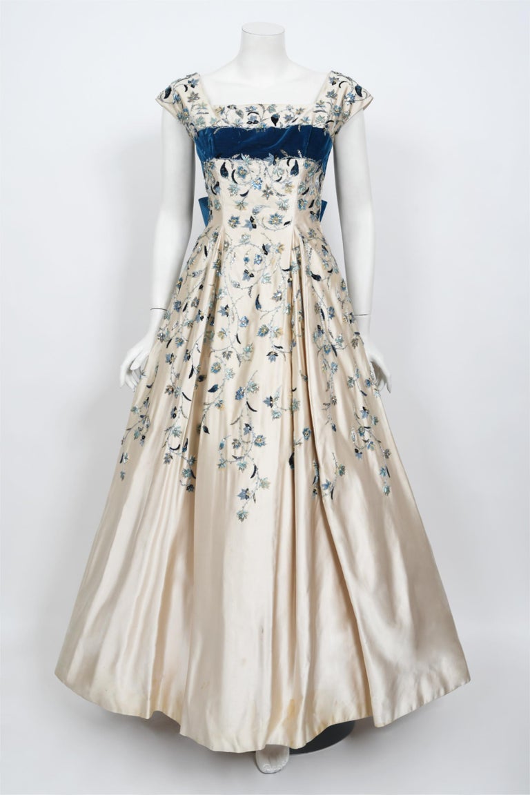 Vintage 1956 Jacques Griffe Haute Couture Embroidered Beaded Ivory Satin  Gown at 1stDibs