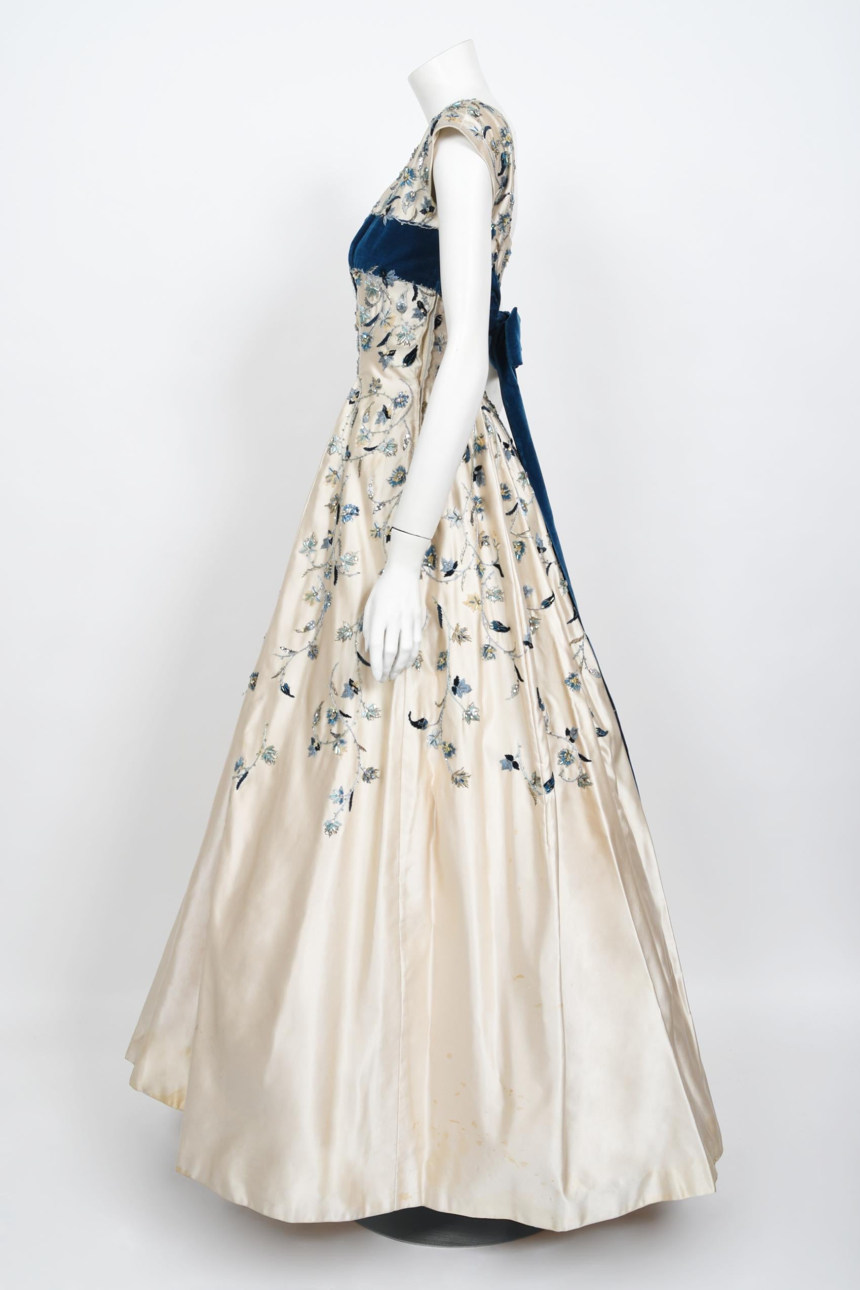 Vintage 1956 Jacques Griffe Haute Couture Embroidered Beaded Ivory Satin Gown  4