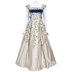 Vintage 1956 Jacques Griffe Haute Couture Embroidered Beaded Ivory Satin Gown
