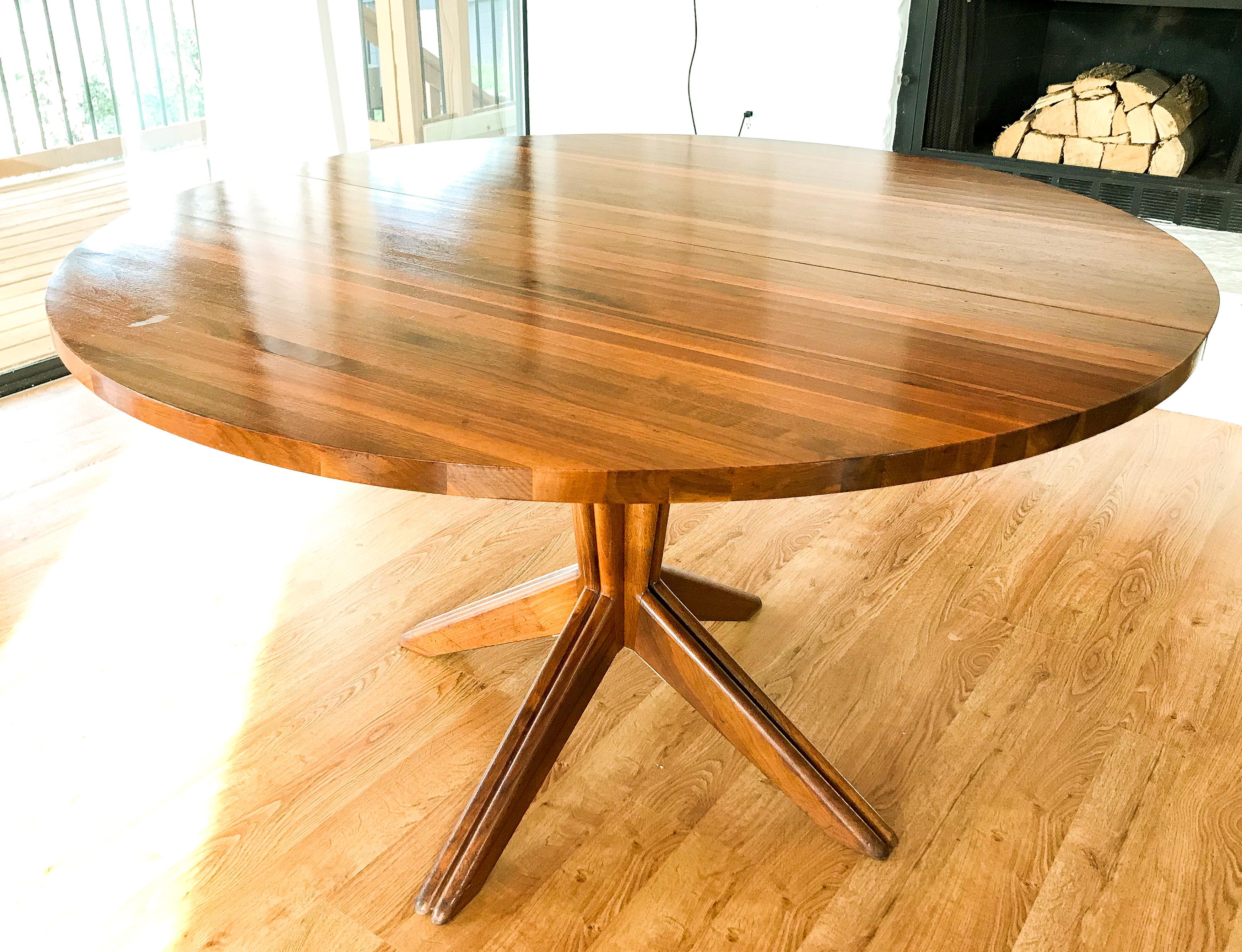 Mid-Century Modern Vintage 1956 Solid Walnut Pedestal Extension Dining Table by Mel Smillow