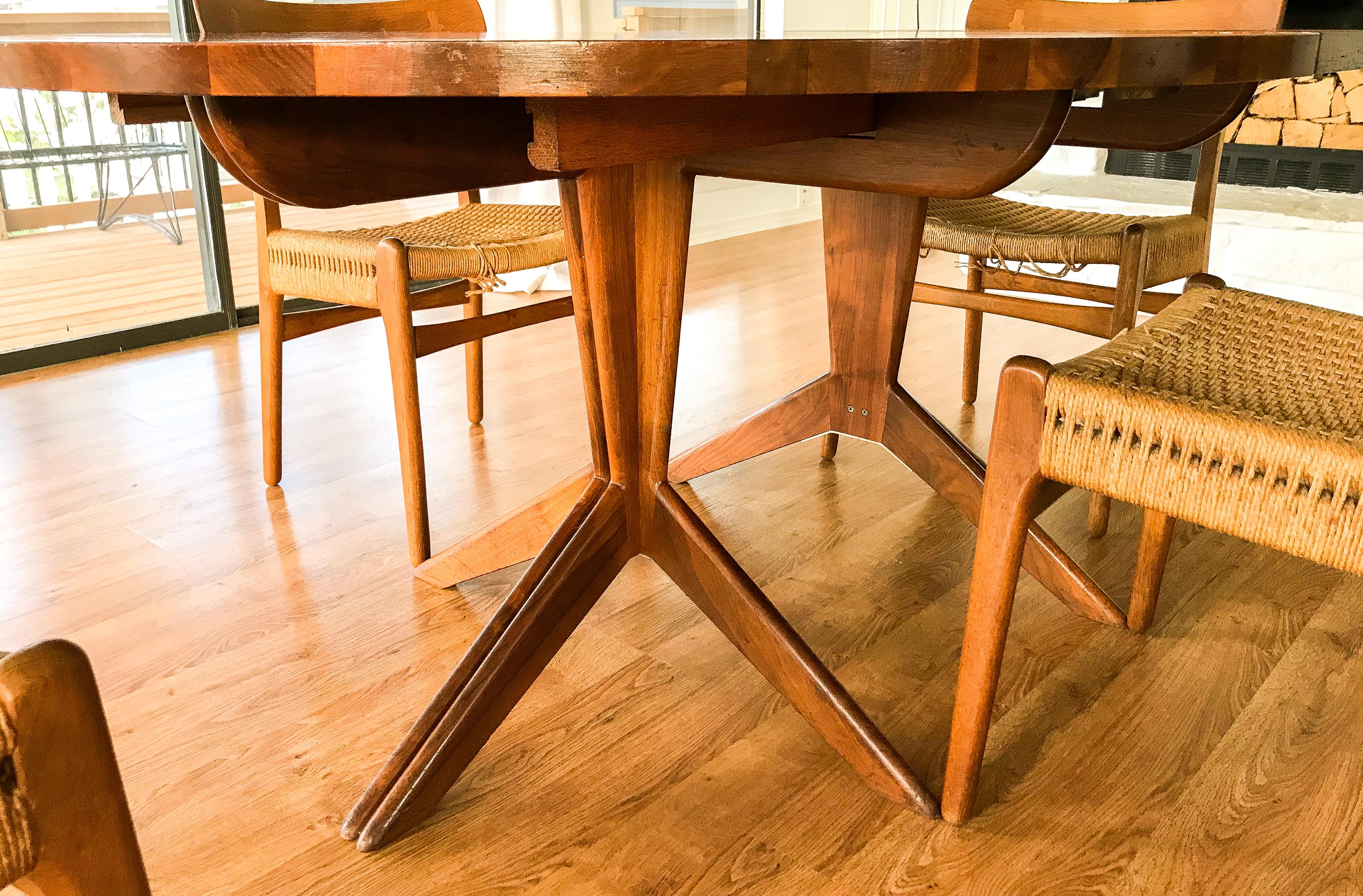 American Vintage 1956 Solid Walnut Pedestal Extension Dining Table by Mel Smillow