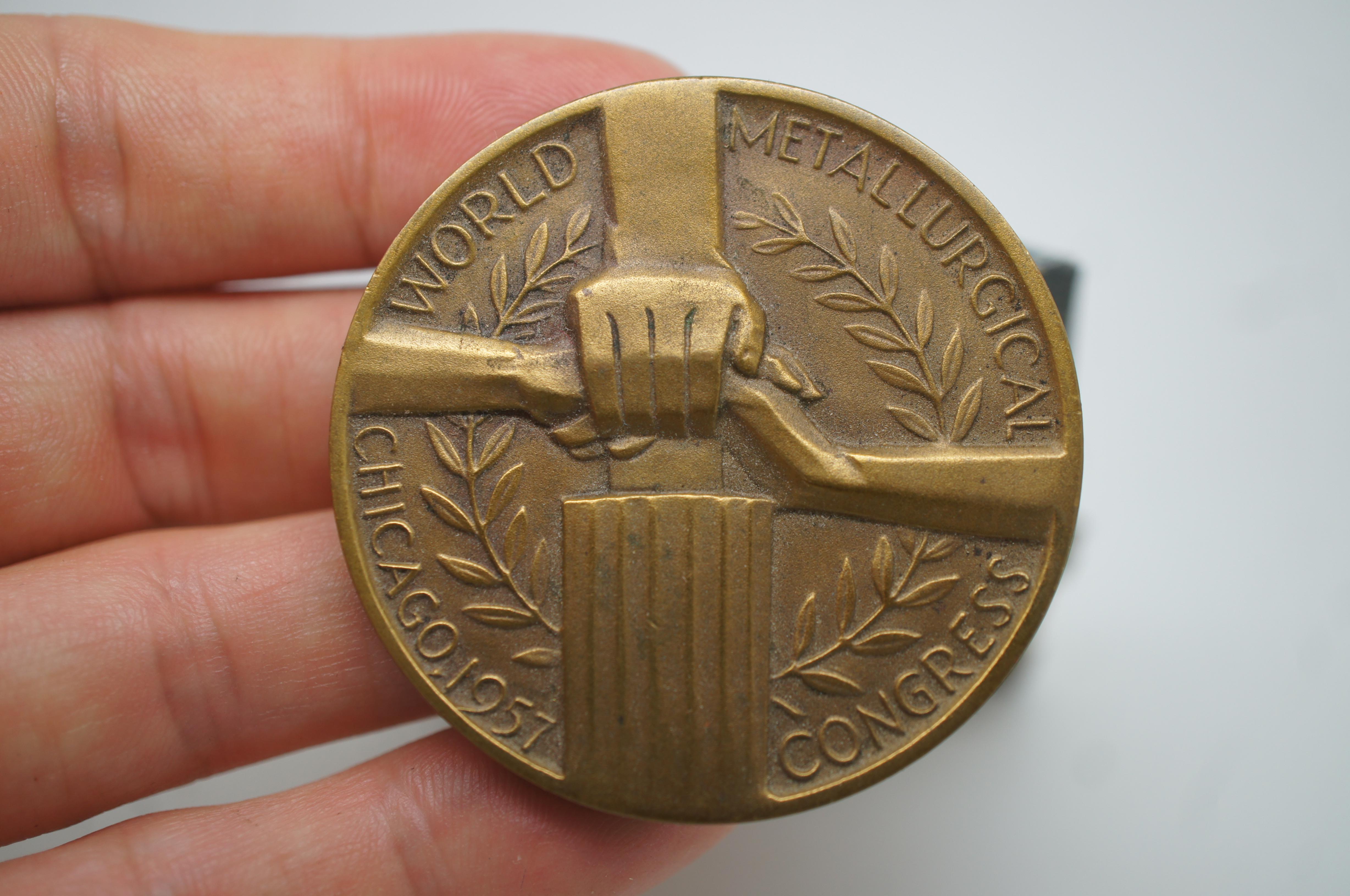 Vintage 1957 Chicago World Metallurgical Congress Brass Medal Badge Pin 4.5