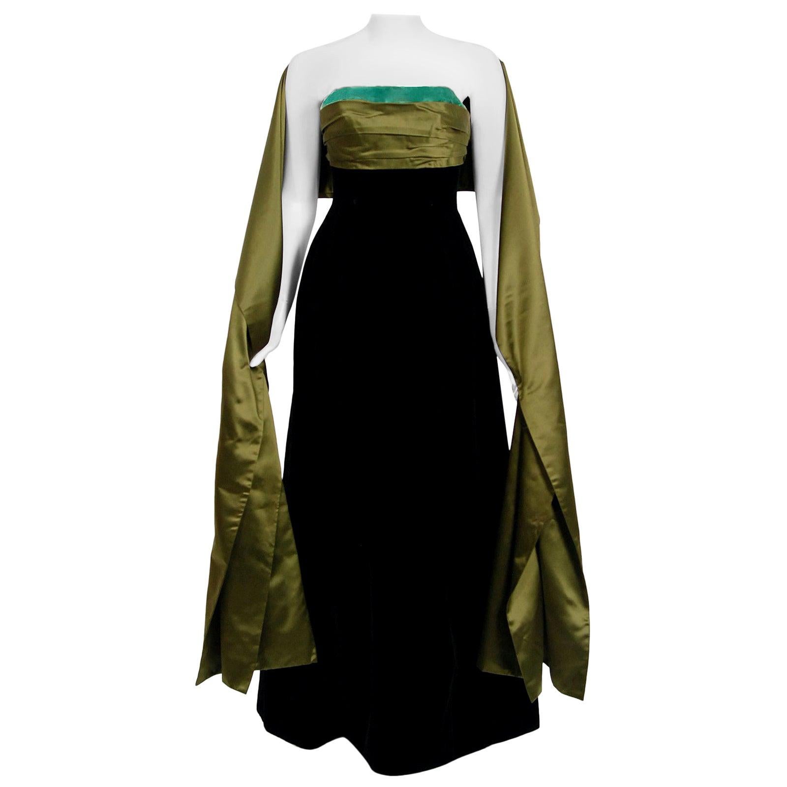 Vintage 1957 Pierre Balmain Haute Couture Black Velvet Olive Silk Strapless Gown