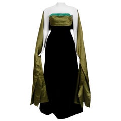 Retro 1957 Pierre Balmain Haute Couture Black Velvet Olive Silk Strapless Gown