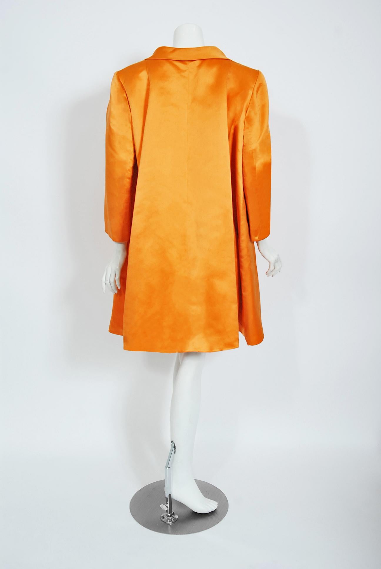 Women's Vintage 1958 Balenciaga Haute Couture Orange Duchess Satin Swing Coat Jacket  For Sale