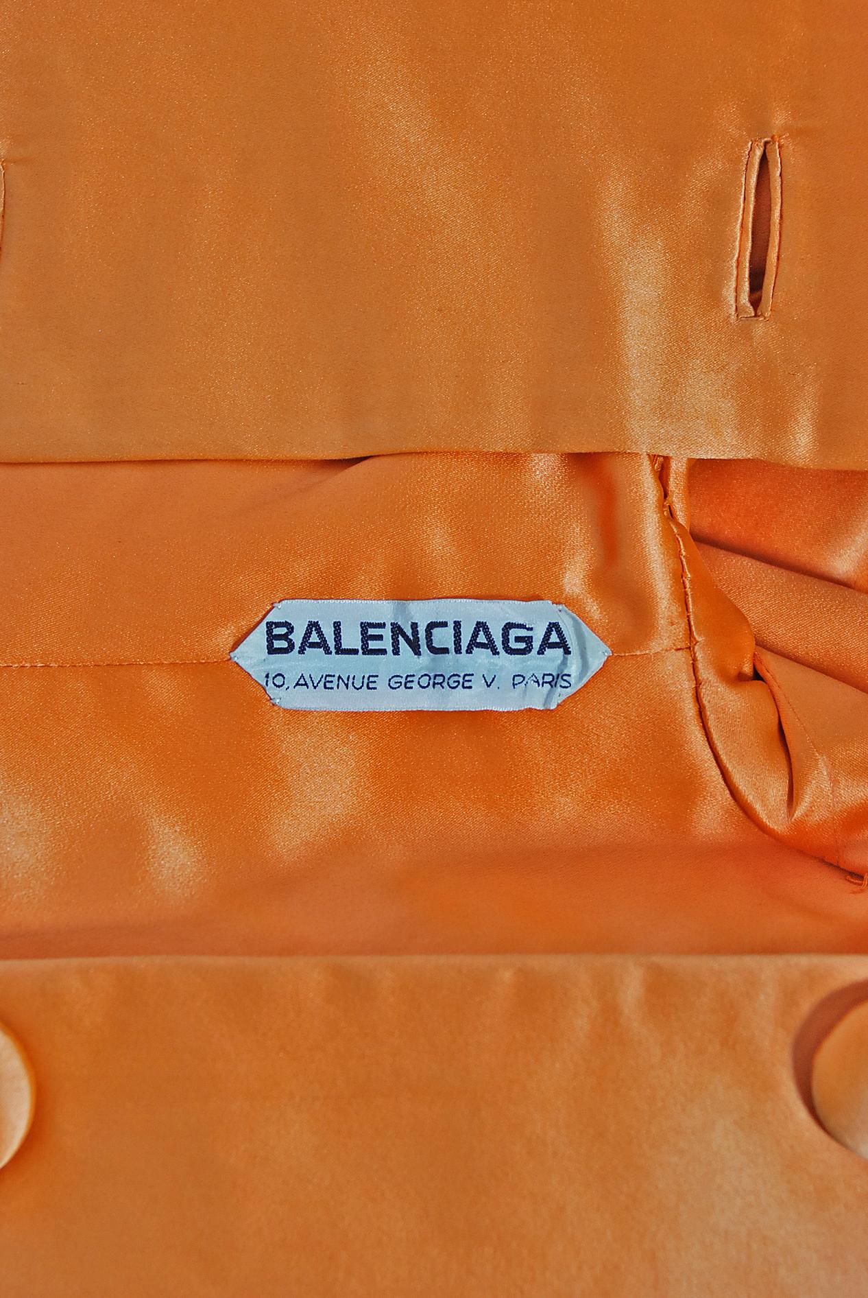 Vintage 1958 Balenciaga Haute Couture Orange Duchess Satin Swing Coat Jacket  For Sale 2
