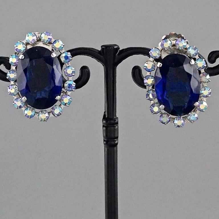 Vintage 1958 CHRISTIAN DIOR Sapphire Rhinestone Earrings In Excellent Condition In Kingersheim, Alsace