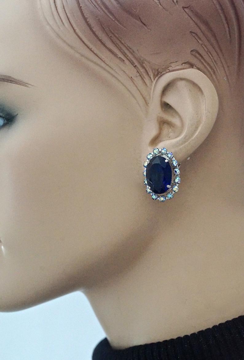 Women's Vintage 1958 CHRISTIAN DIOR Sapphire Rhinestone Earrings
