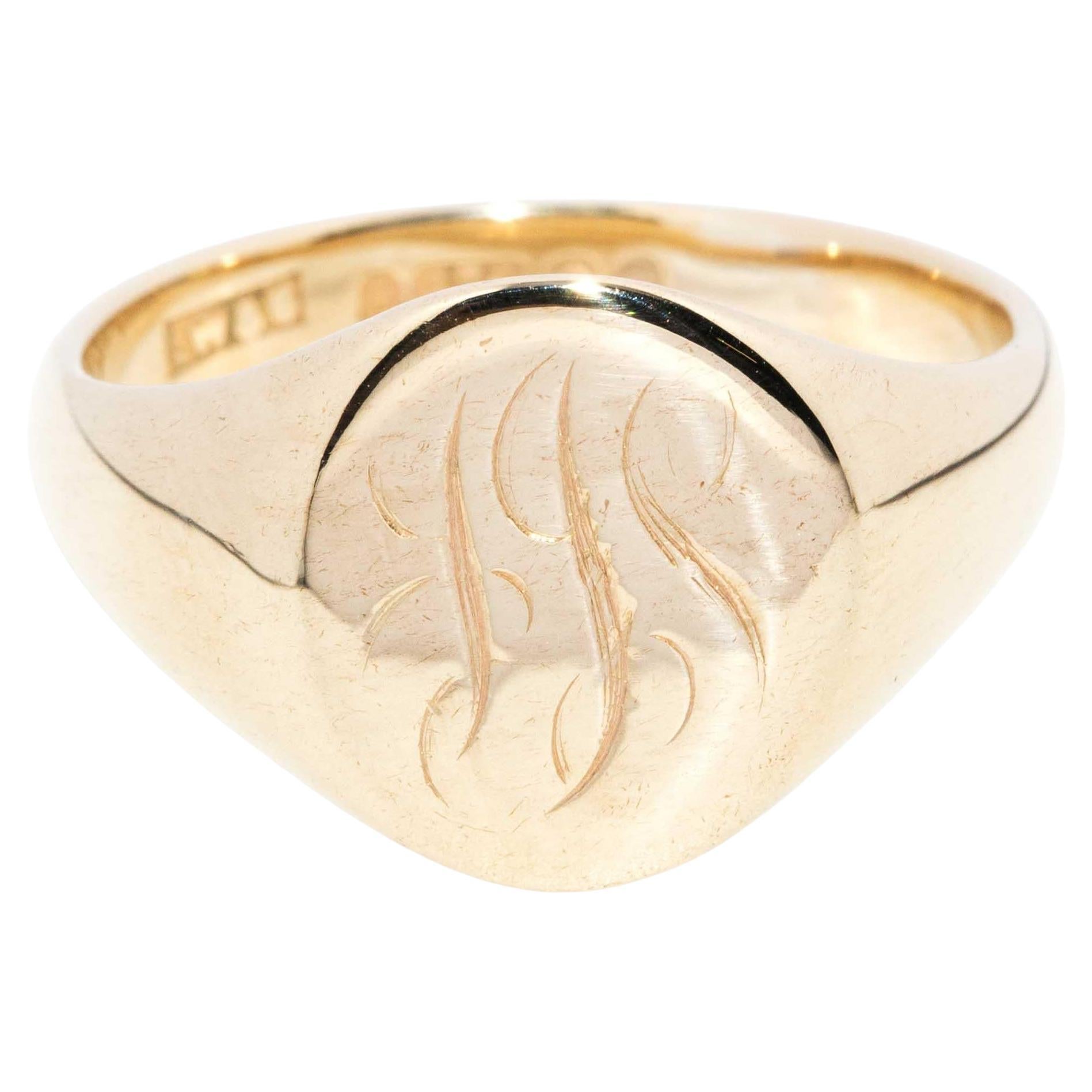 Vintage 1958 Oval Initialled Signet Ring 9 Carat Yellow Gold