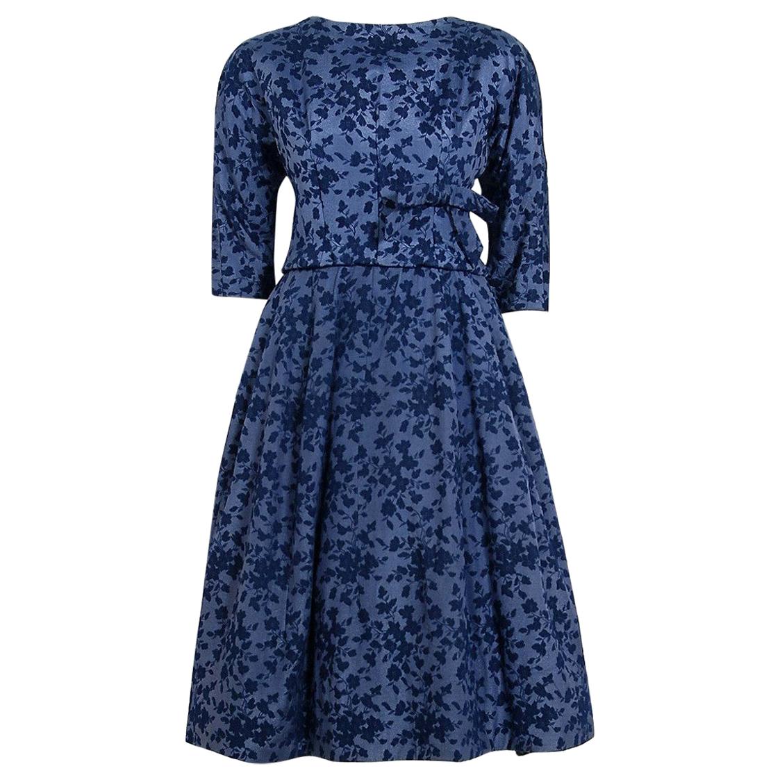 Vintage 1958 YSL for Christian Dior Demi-Couture Blue Floral Silk Full Dress