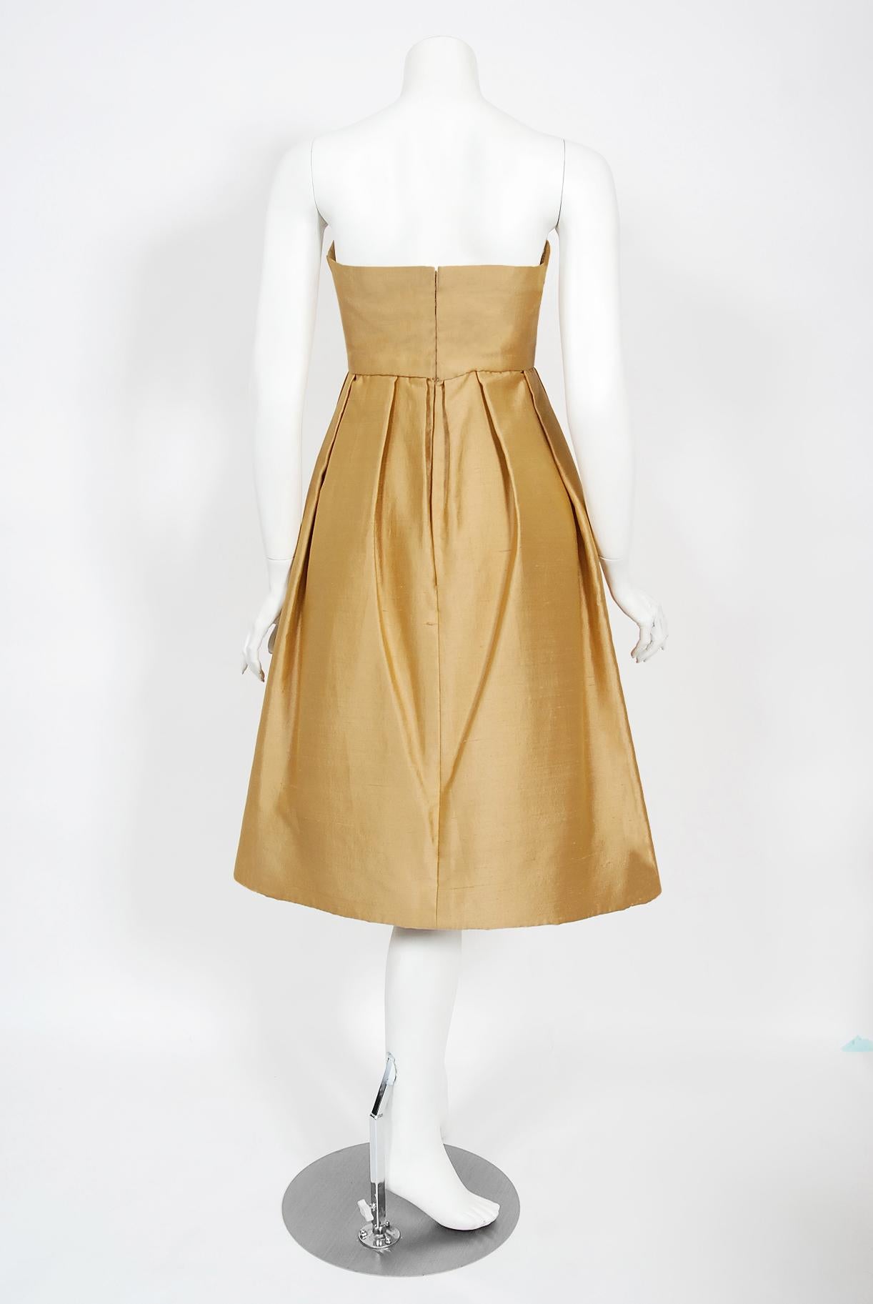 Vintage 1958 Yves Saint Laurent For Christian Dior Golden Silk Strapless Dress 4