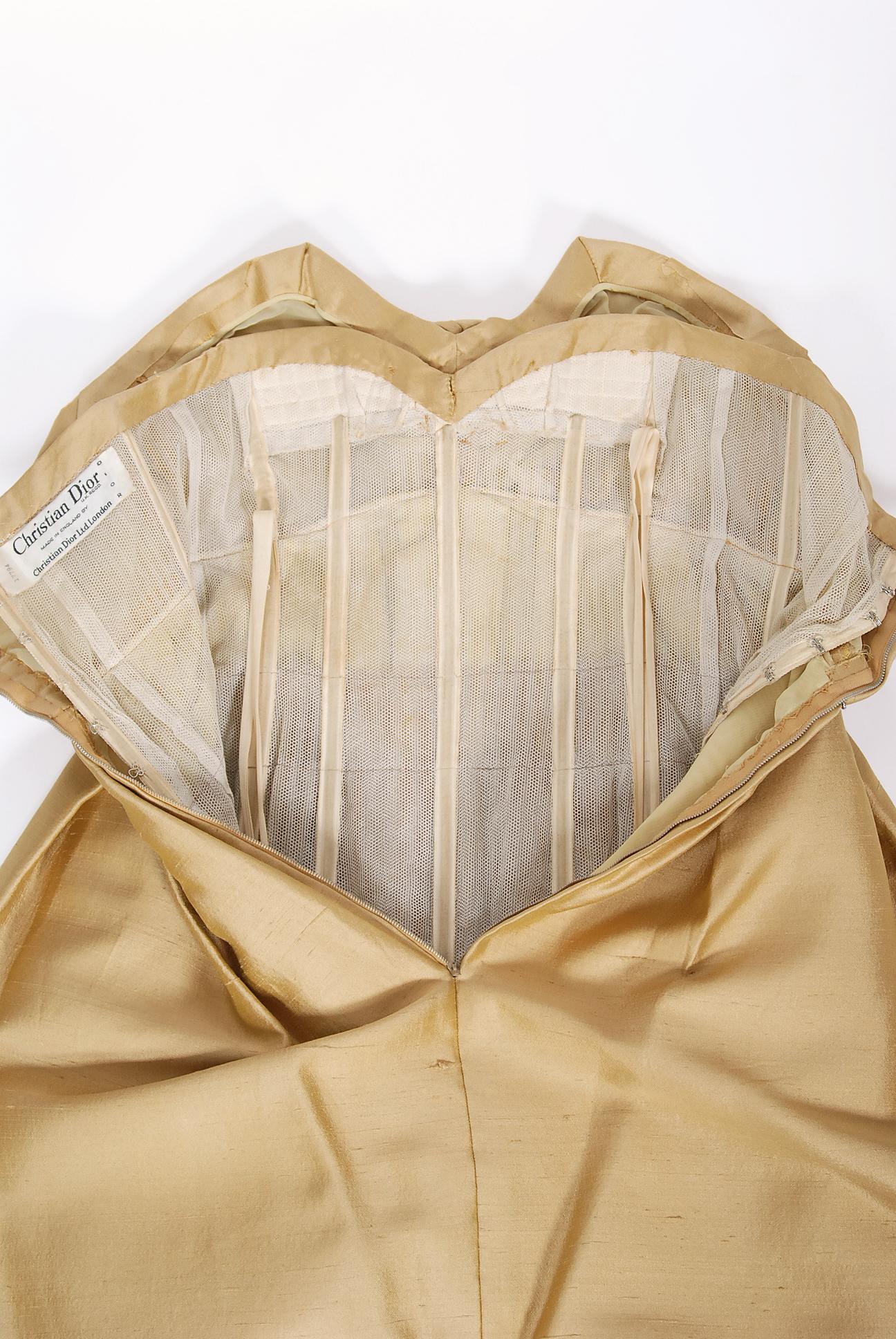 Vintage 1958 Yves Saint Laurent For Christian Dior Golden Silk Strapless Dress 6