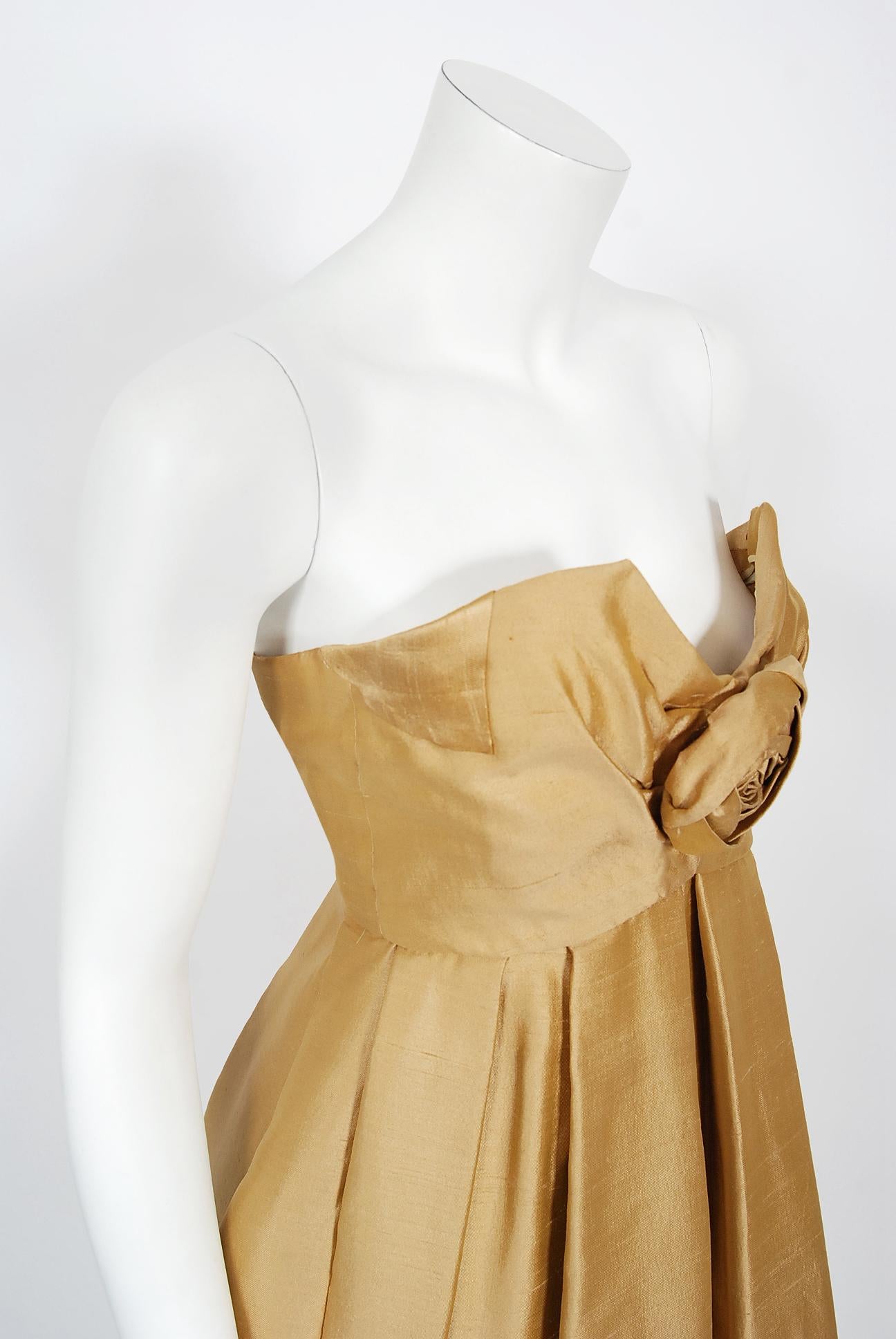 Vintage 1958 Yves Saint Laurent For Christian Dior Golden Silk Strapless Dress In Good Condition In Beverly Hills, CA