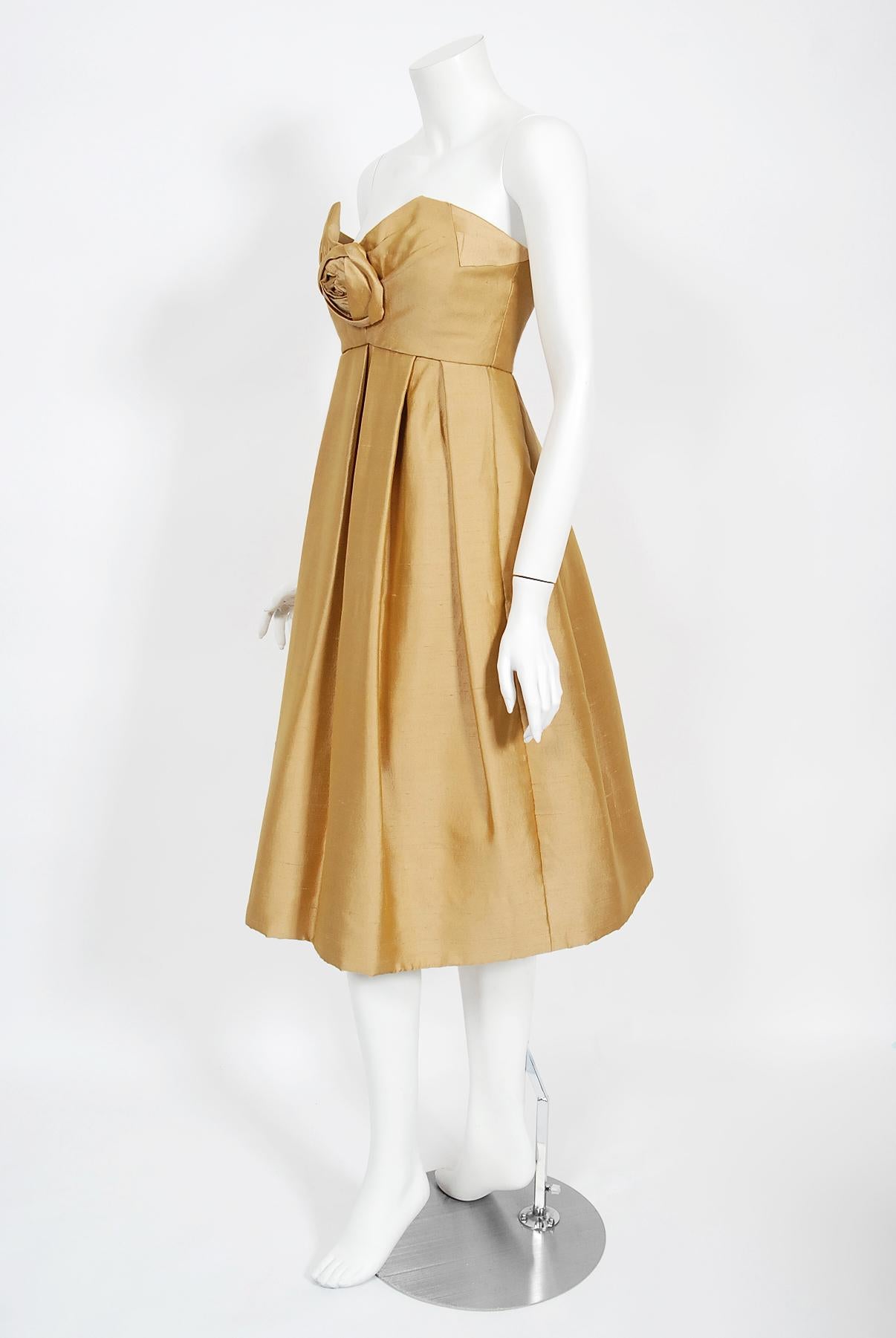 Vintage 1958 Yves Saint Laurent For Christian Dior Golden Silk Strapless Dress 1