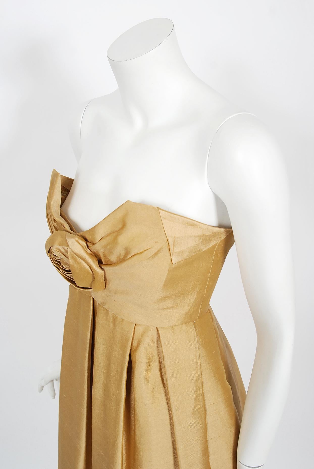 Vintage 1958 Yves Saint Laurent For Christian Dior Golden Silk Strapless Dress 2