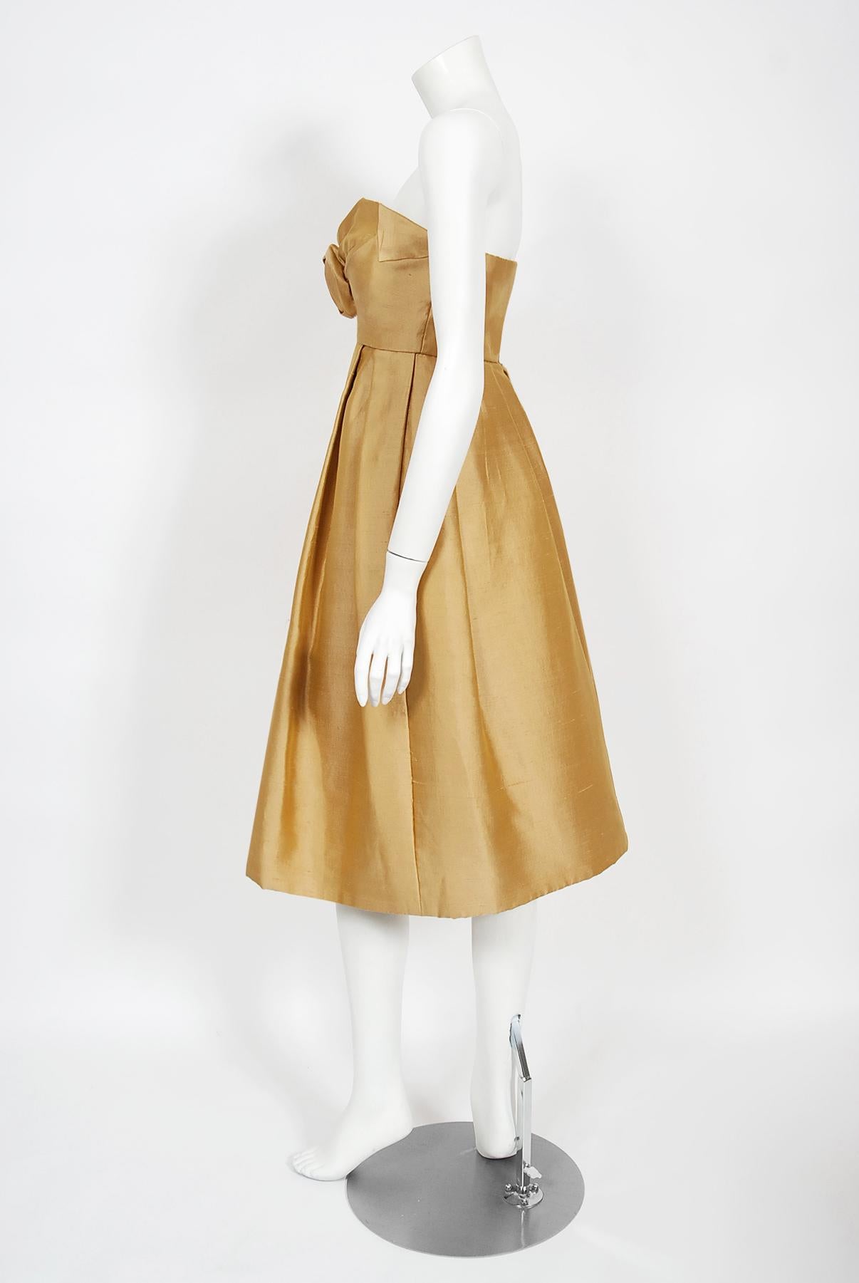 Vintage 1958 Yves Saint Laurent For Christian Dior Golden Silk Strapless Dress 3