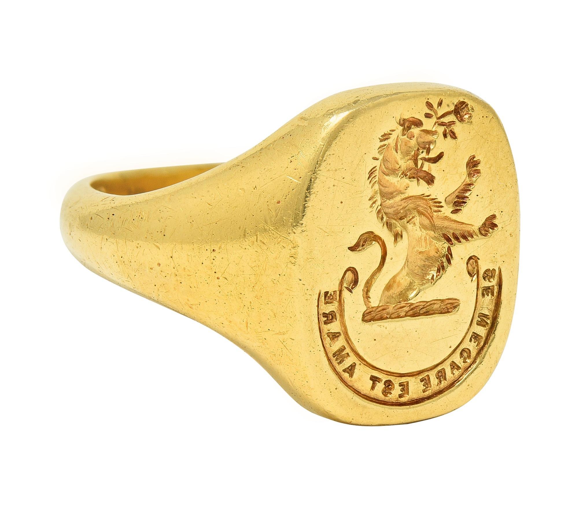 Designed a cushion-shaped signet face with a carved intaglio
Depicting a heraldic lion holding a rose in its mouth above scroll
Inscribed in Latin 'Se Necare Est Amare' on curling scroll
Translates to 'To Love Is To Kill Oneself'
Completed by