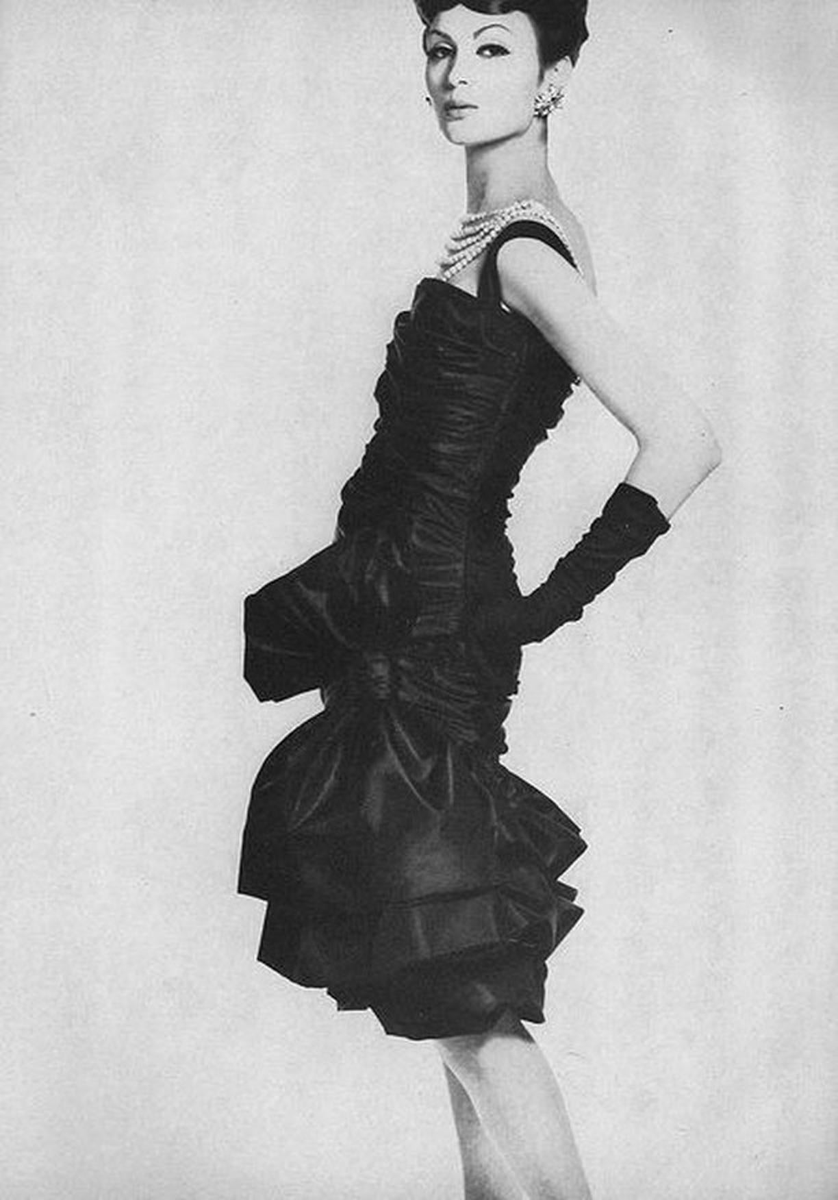 Vintage 1959 Bruxelles Couture Black Taffeta Tiered-Puff Strapless Dress  6