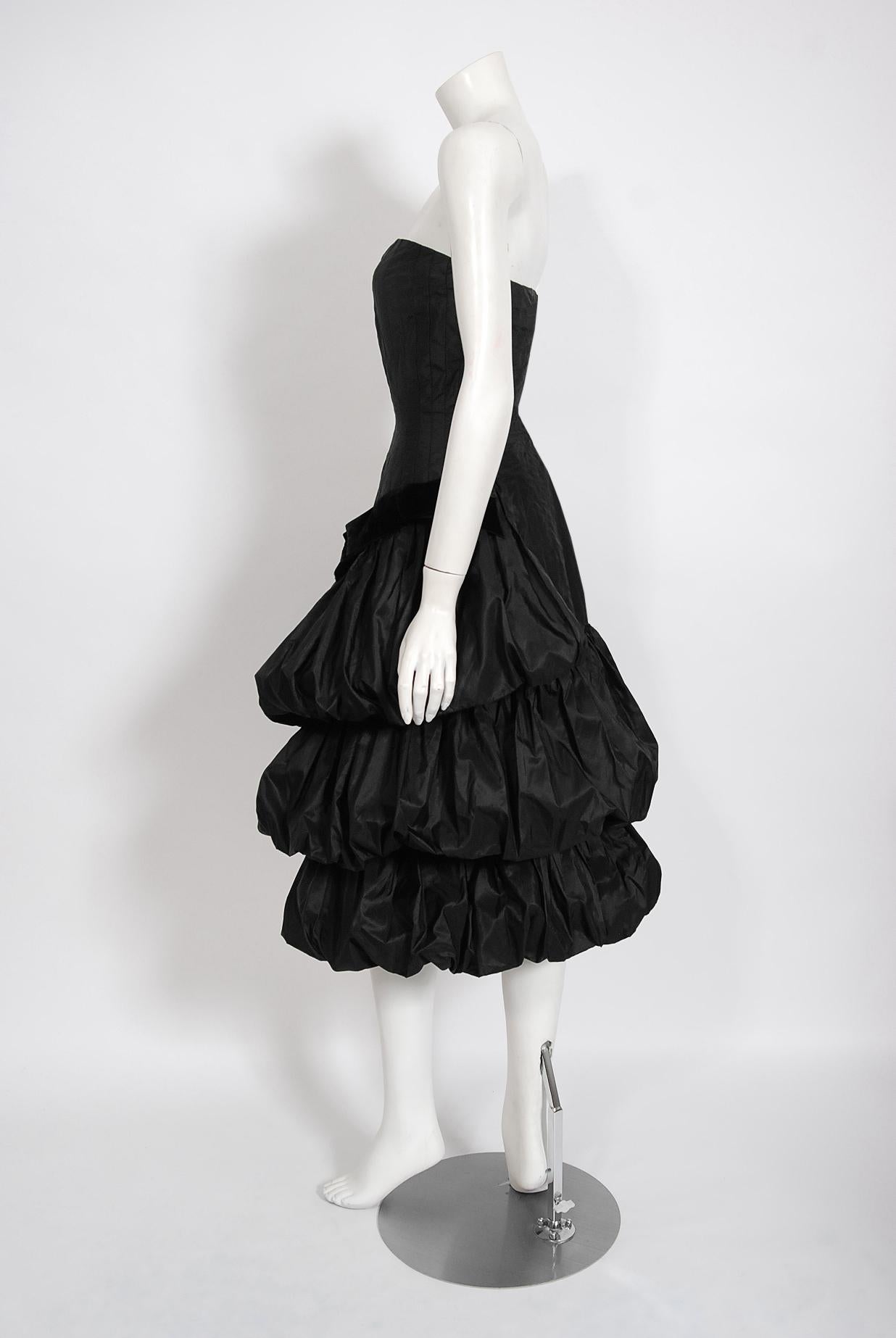 Women's Vintage 1959 Bruxelles Couture Black Taffeta Tiered-Puff Strapless Dress 