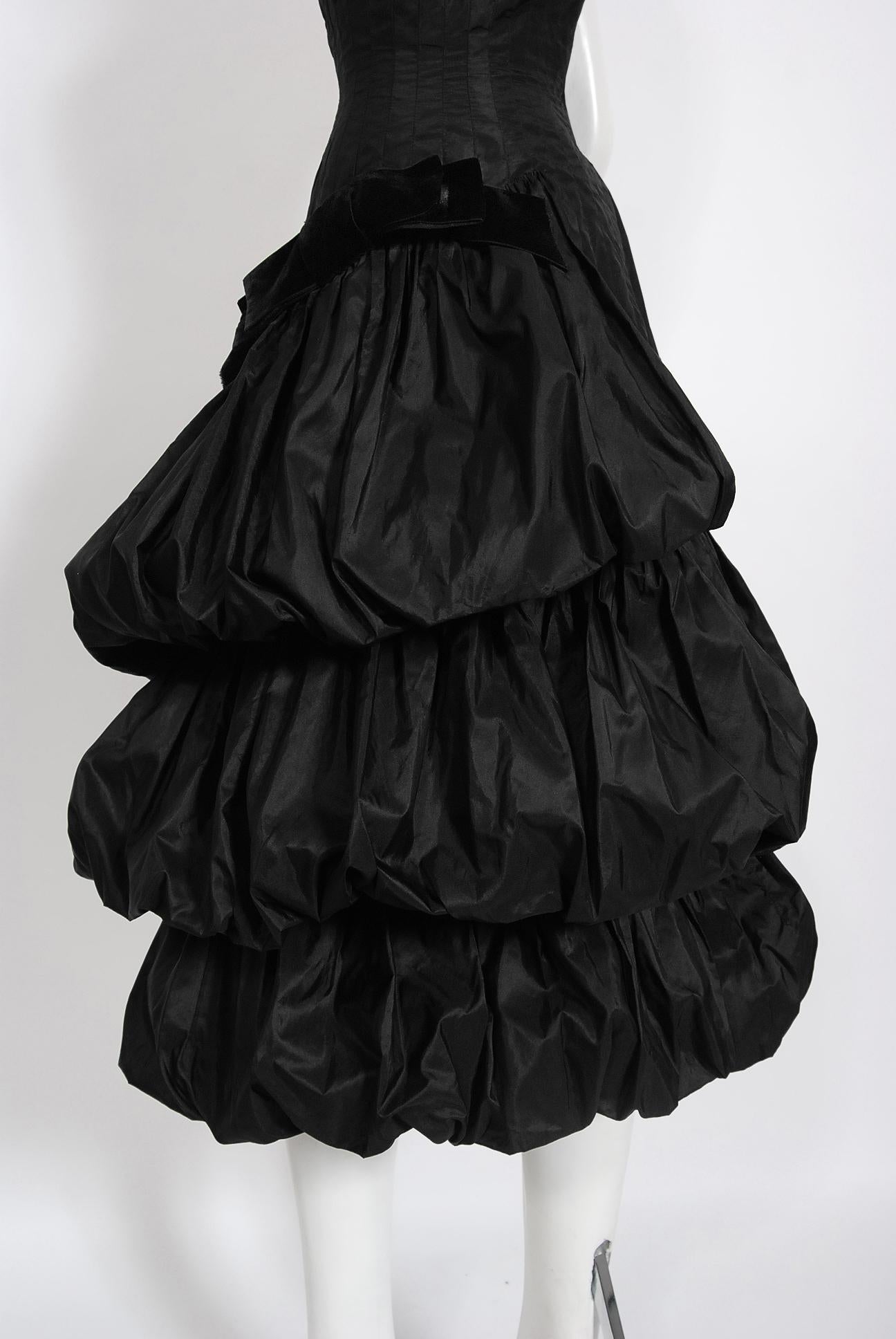 Vintage 1959 Bruxelles Couture Black Taffeta Tiered-Puff Strapless Dress  1