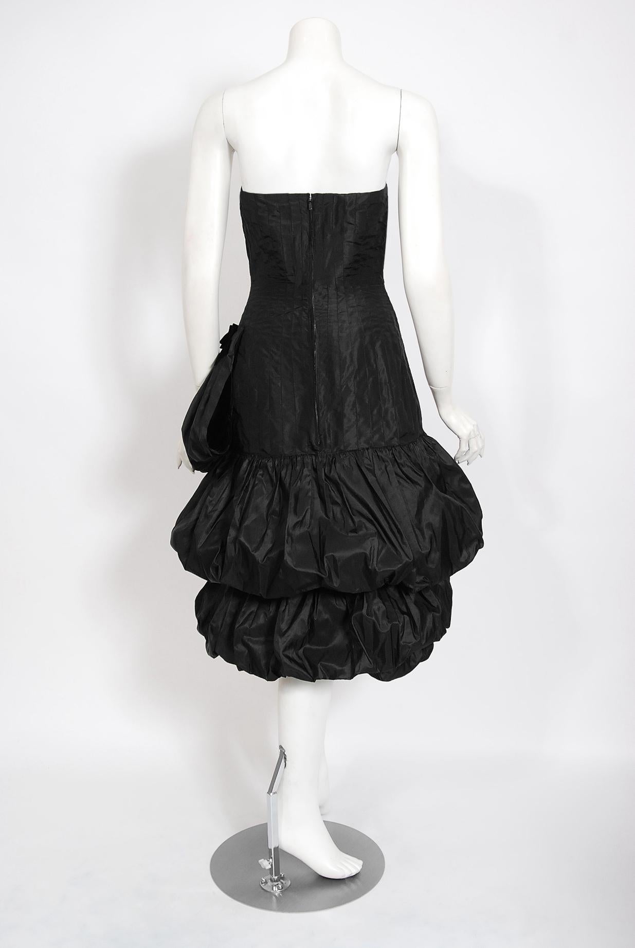 Vintage 1959 Bruxelles Couture Black Taffeta Tiered-Puff Strapless Dress  2