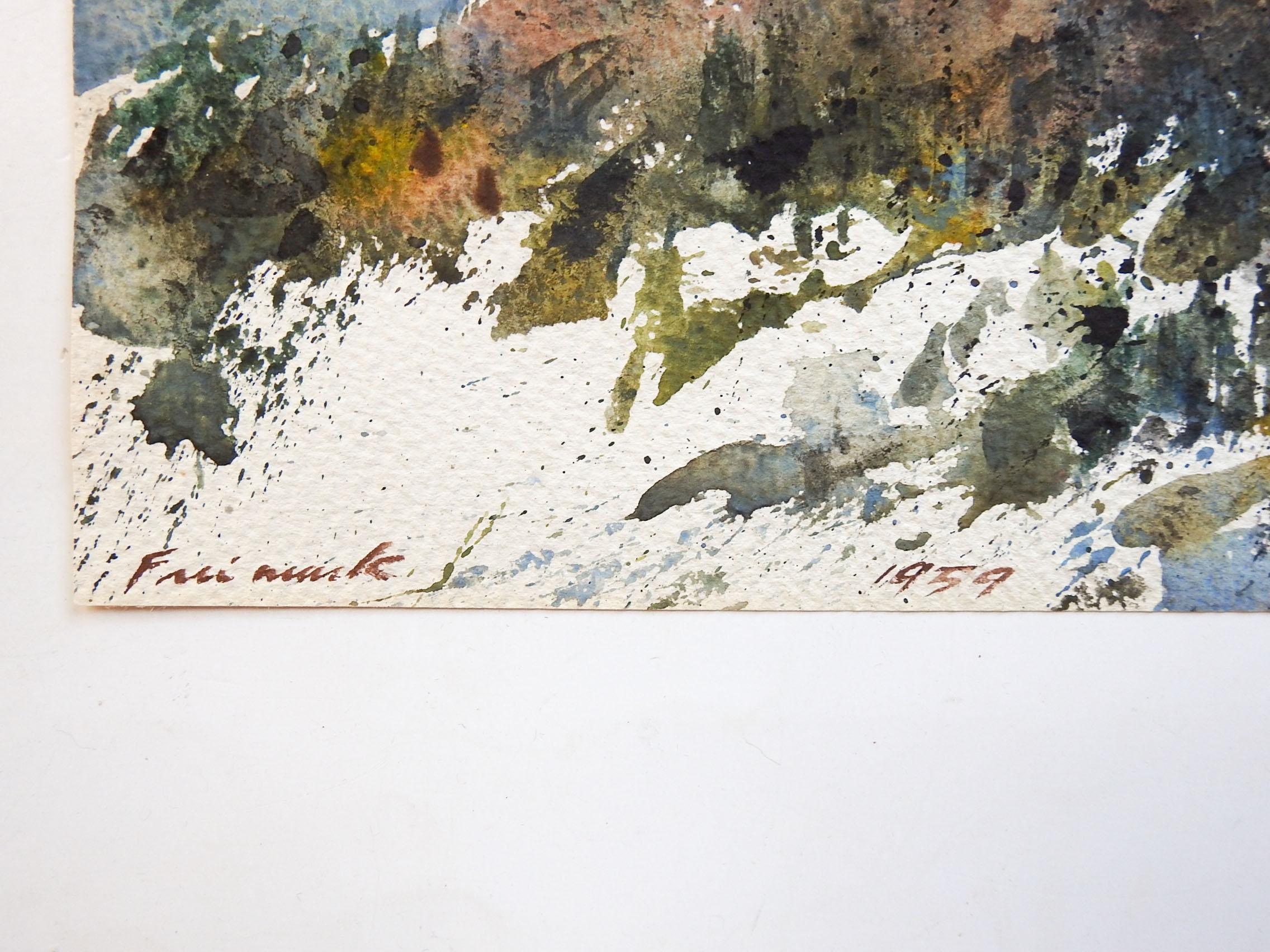 Small watercolor on paper of mountain view. Signed illegibly lower left corner, dated 1959. Unframed, age toning.