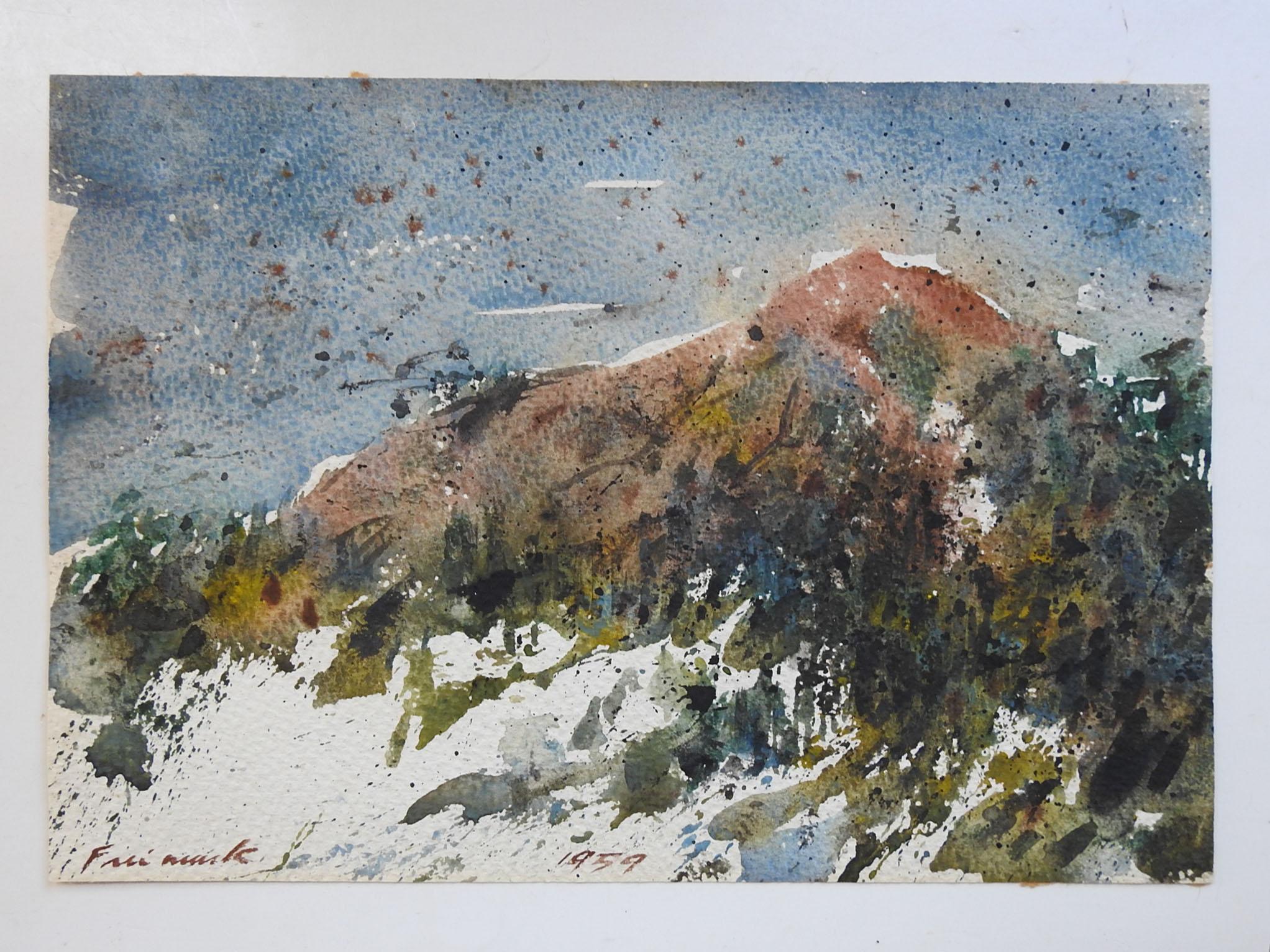 Rustic Vintage 1959 Impressionist Mountain View Watercolor Painting For Sale