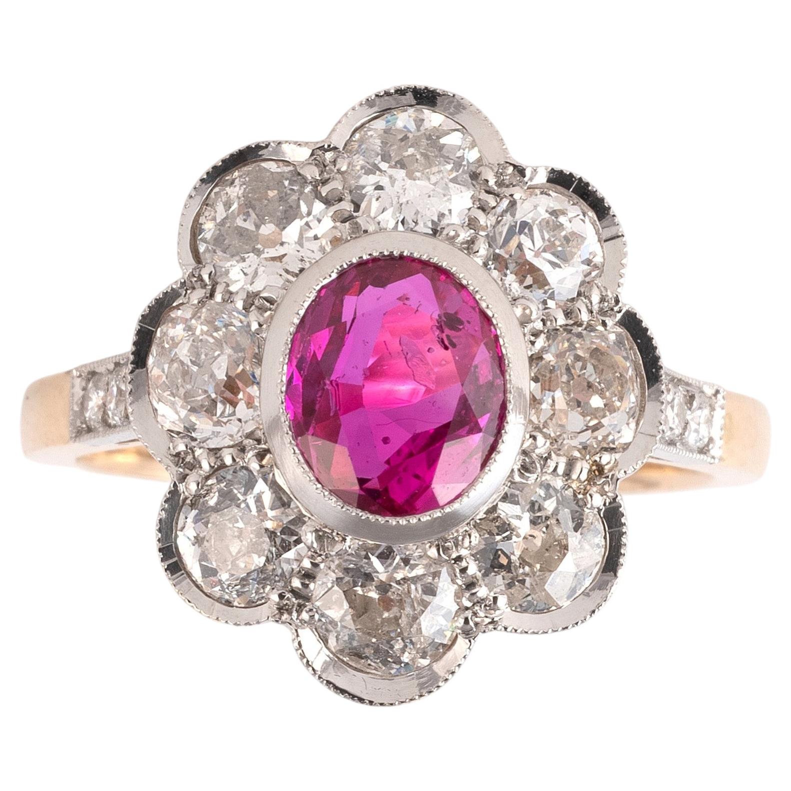 Vintage 1.95ct Burma Ruby And Old Cut Diamond Cluster Ring