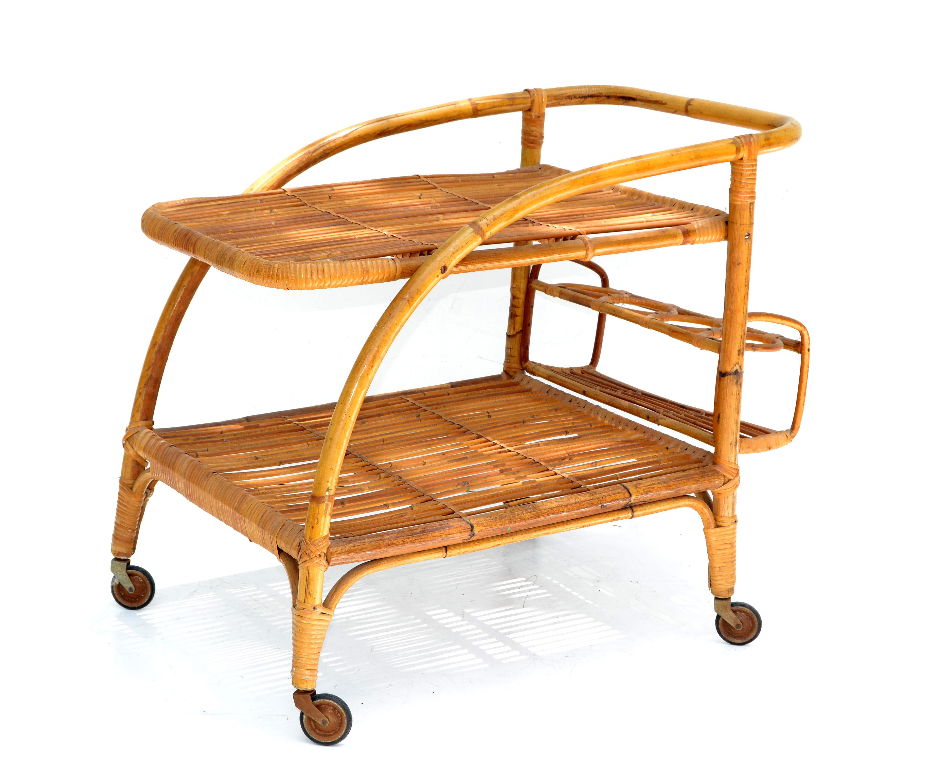 Vintage 1960 2 Tiers French Bamboo and Rattan Bar Cart For Sale 3