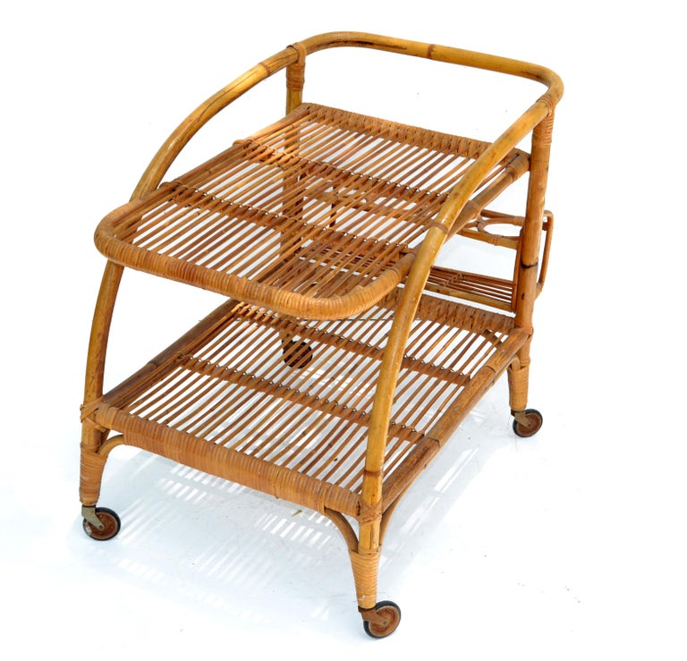 Vintage 1960 2 Tiers French Bamboo and Rattan Bar Cart For Sale at 1stDibs