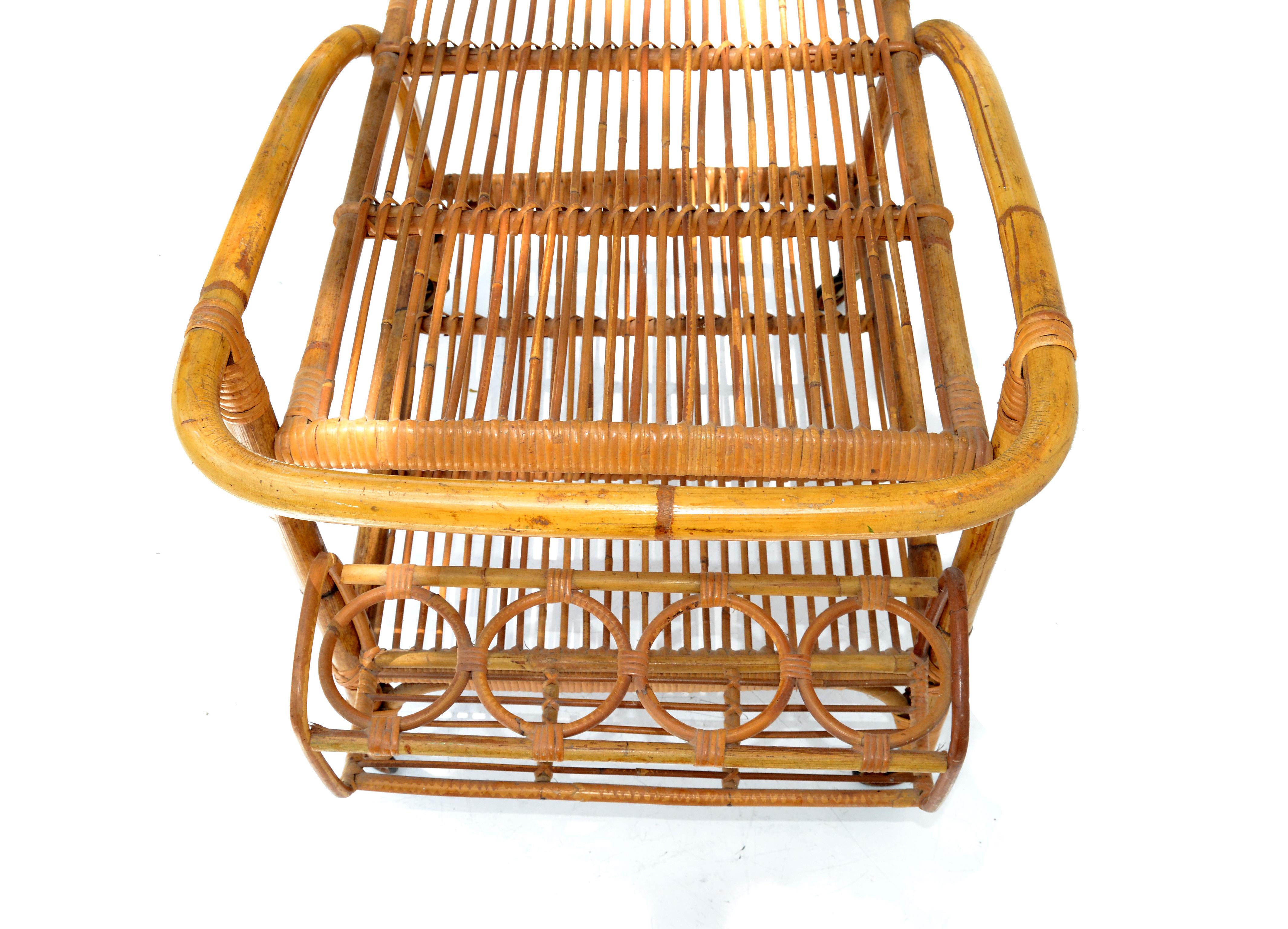 Mid-Century Modern Vintage 1960 2 Tiers French Bamboo and Rattan Bar Cart For Sale