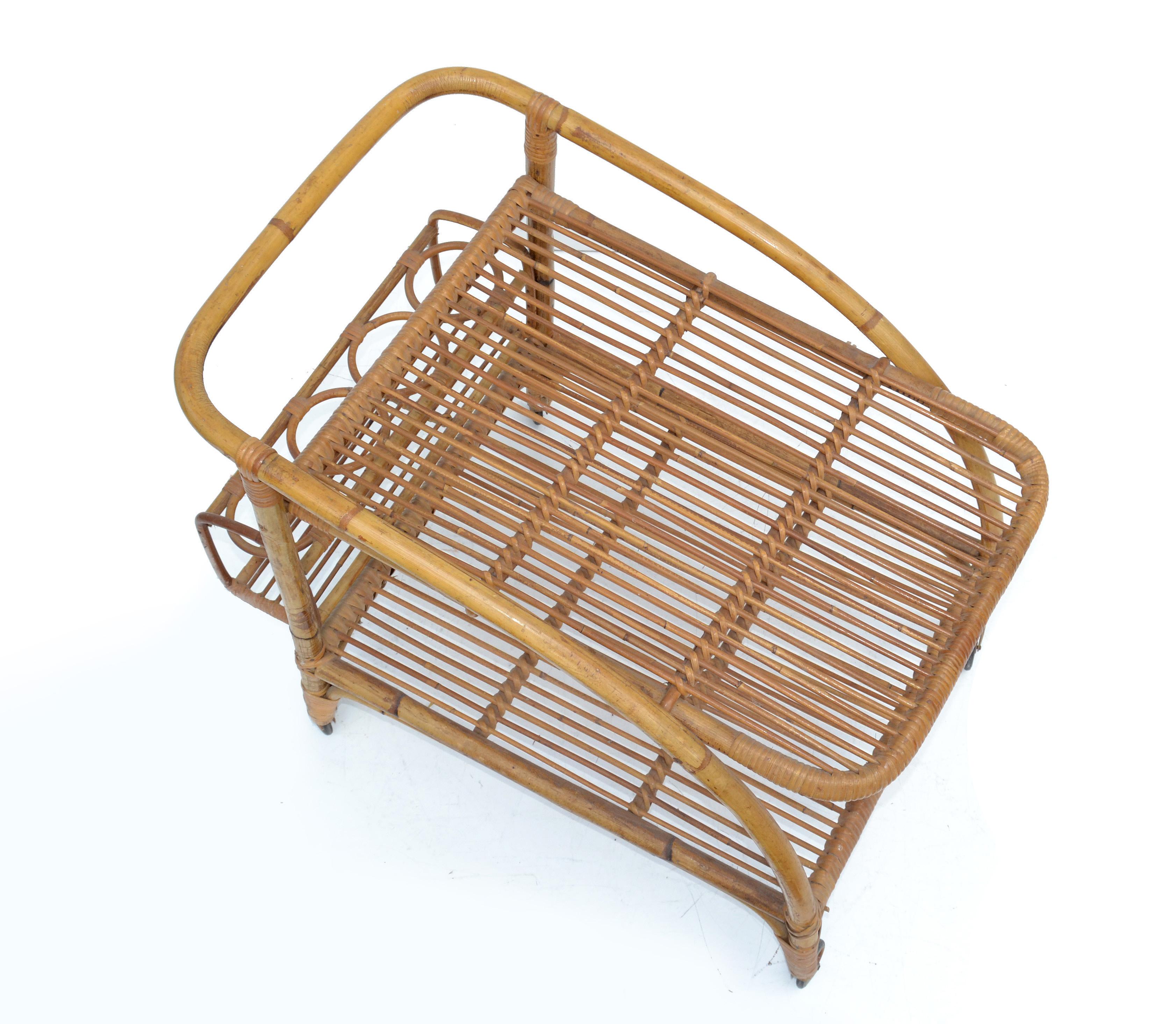 Mid-20th Century Vintage 1960 2 Tiers French Bamboo and Rattan Bar Cart For Sale
