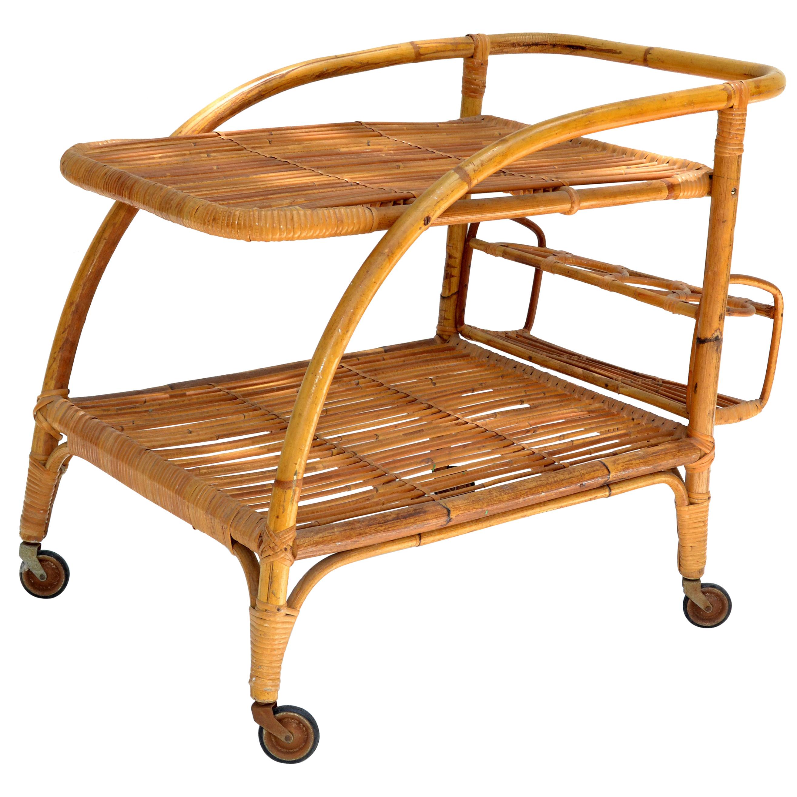 Vintage 1960 2 Tiers French Bamboo and Rattan Bar Cart For Sale