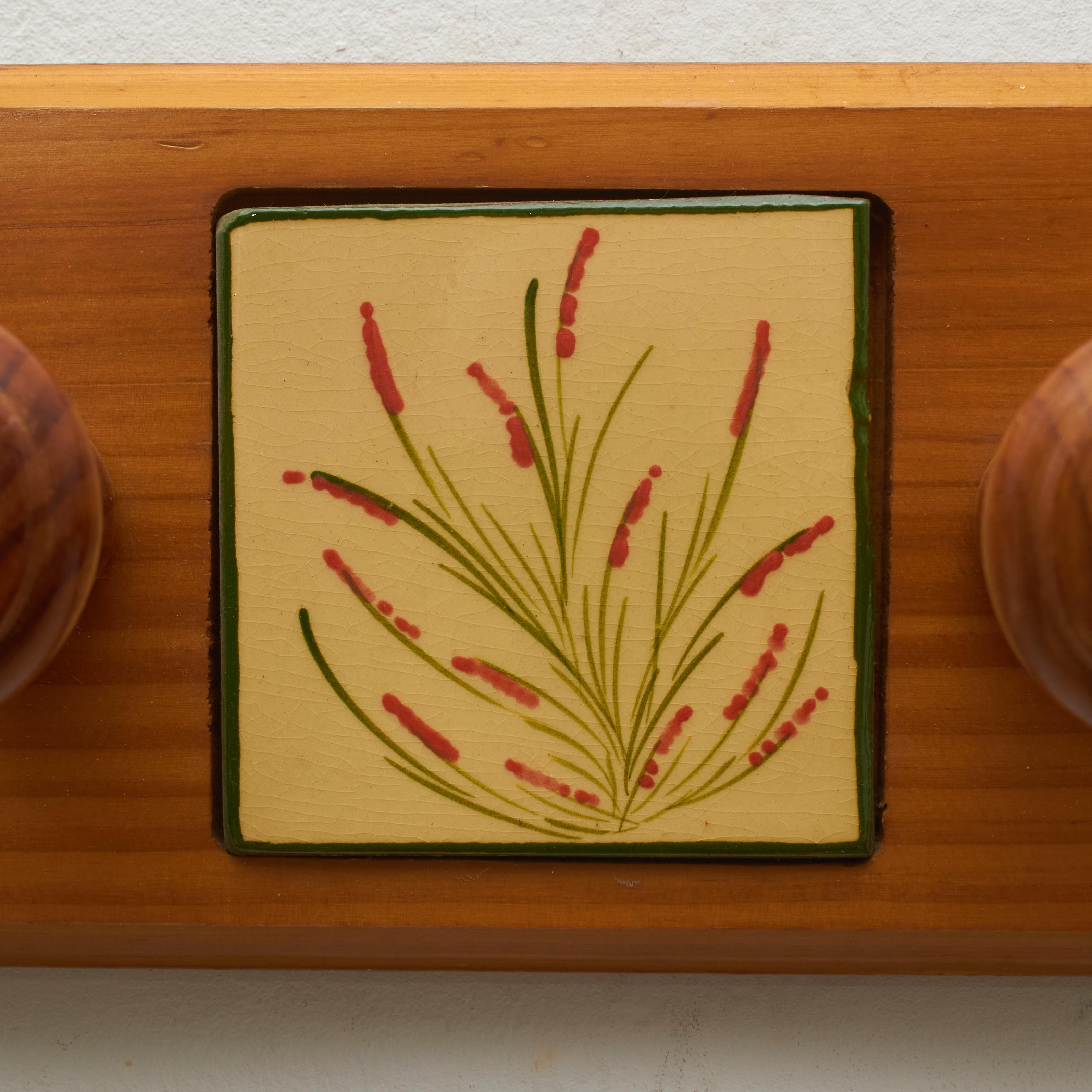 Mid-20th Century Vintage 1960 Catalan Artist Diaz Costa Hand-Painted Ceramic and Wood Hanger For Sale