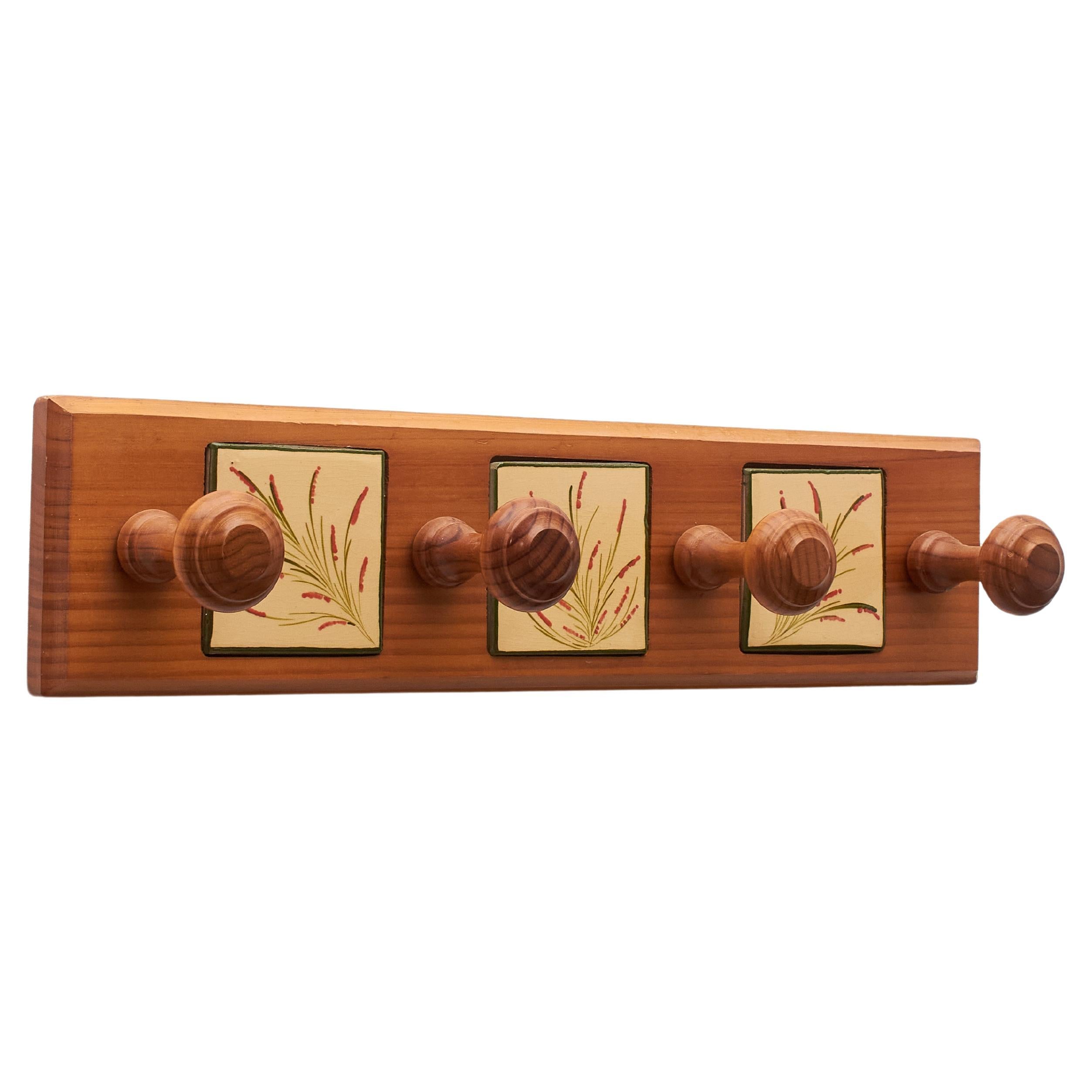 Vintage 1960 Catalan Artist Diaz Costa Hand-Painted Ceramic and Wood Hanger For Sale